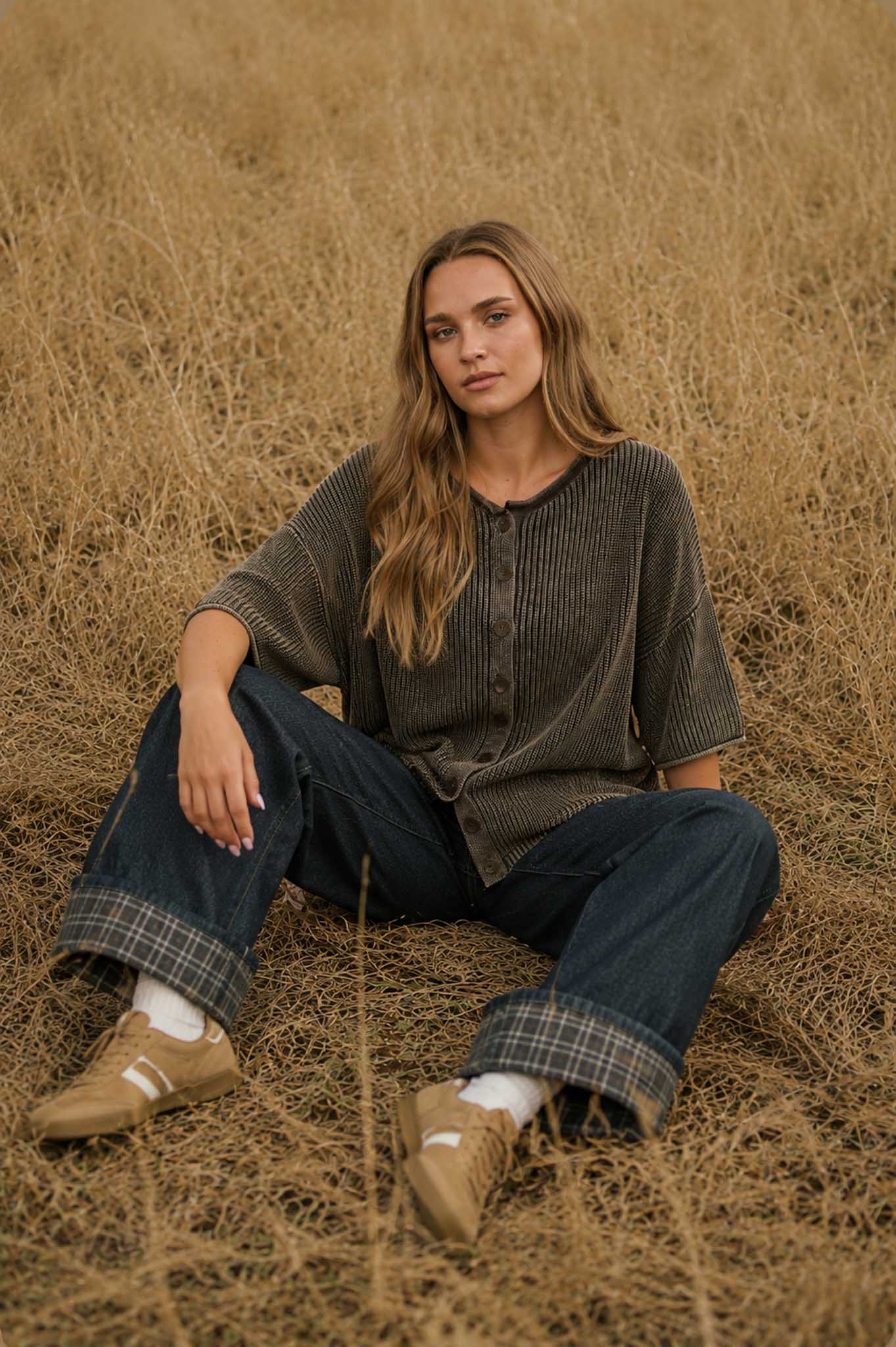 WASHED RIBBED SHORT SLEEVE ROLLED EDGE CARDIGAN