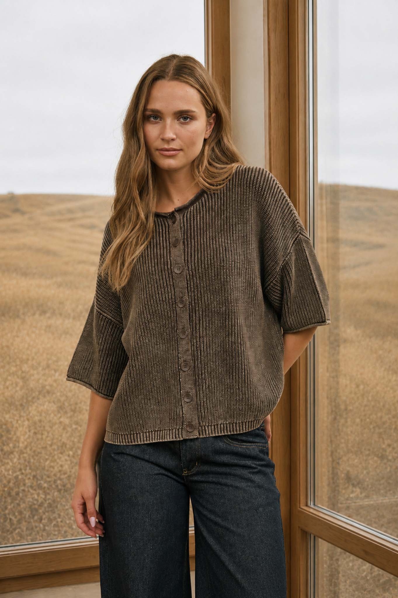 WASHED RIBBED SHORT SLEEVE ROLLED EDGE CARDIGAN
