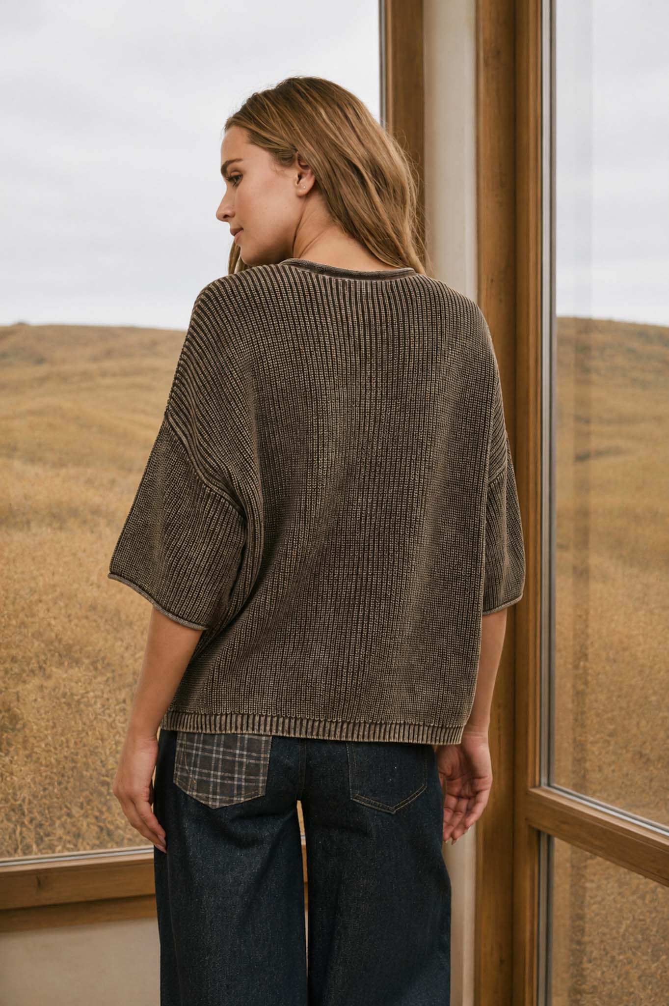 WASHED RIBBED SHORT SLEEVE ROLLED EDGE CARDIGAN