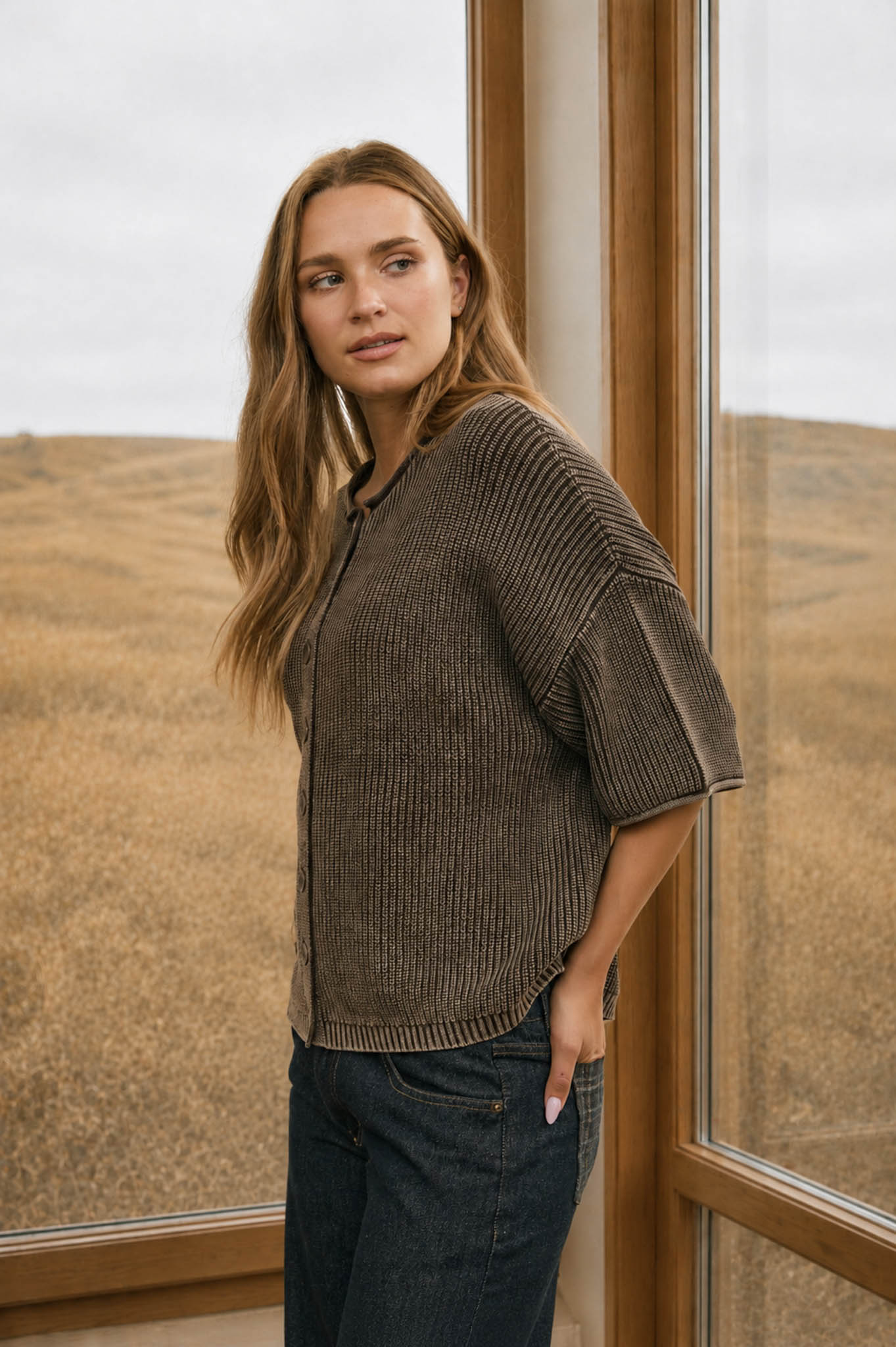 WASHED RIBBED SHORT SLEEVE ROLLED EDGE CARDIGAN