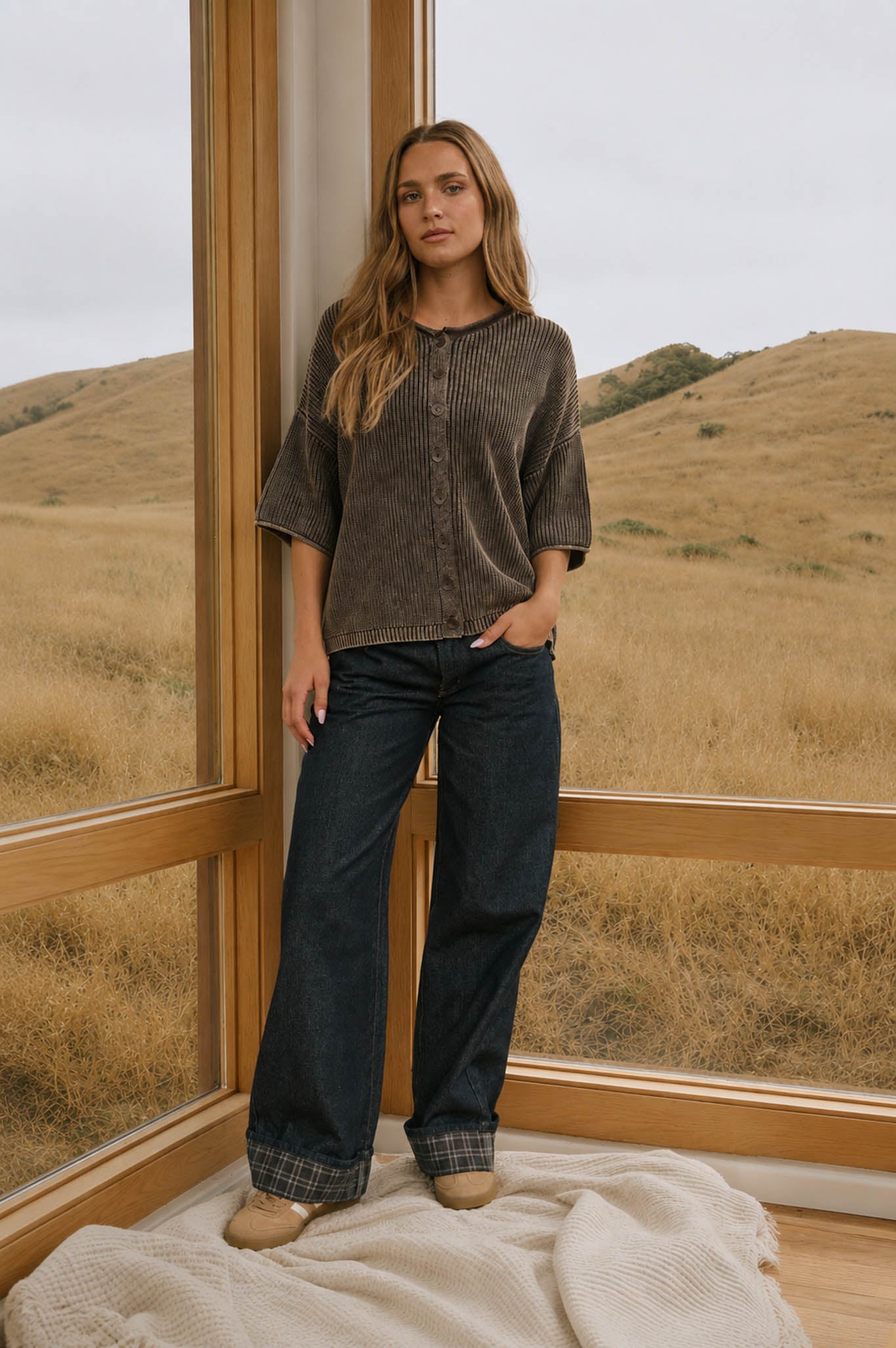 WASHED RIBBED SHORT SLEEVE ROLLED EDGE CARDIGAN
