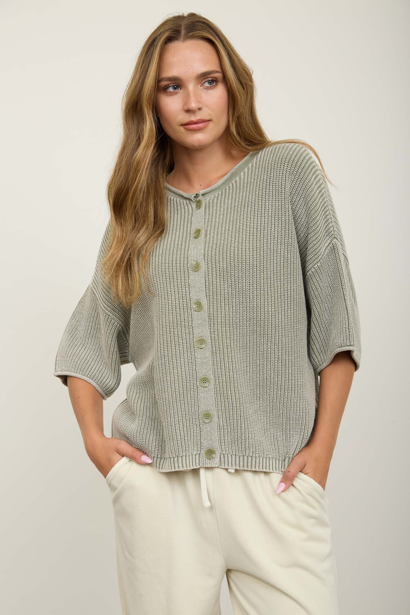 WASHED RIBBED SHORT SLEEVE ROLLED EDGE CARDIGAN