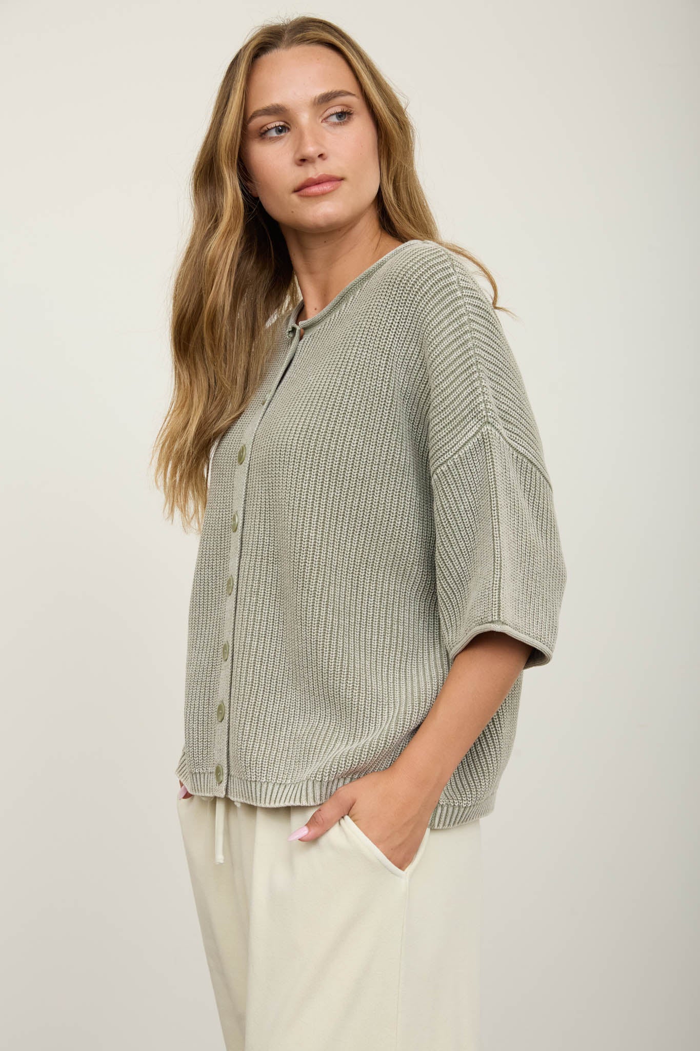 WASHED RIBBED SHORT SLEEVE ROLLED EDGE CARDIGAN