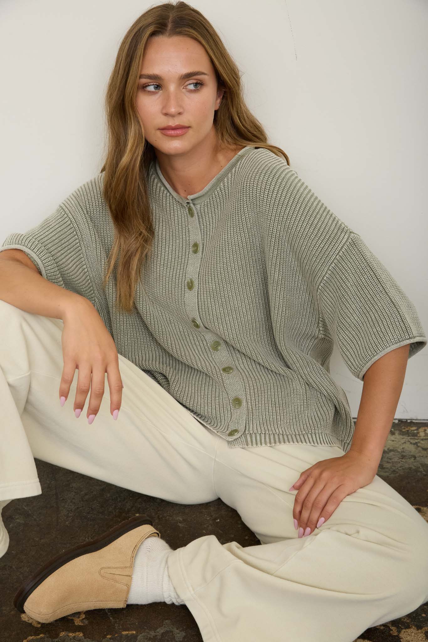 WASHED RIBBED SHORT SLEEVE ROLLED EDGE CARDIGAN