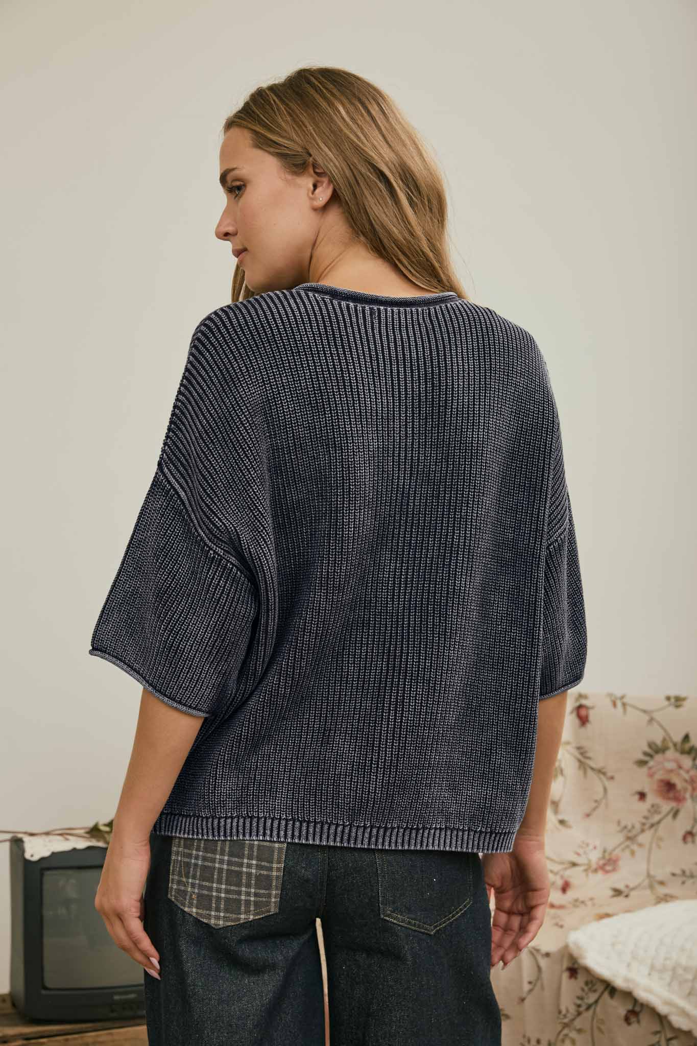 WASHED RIBBED SHORT SLEEVE ROLLED EDGE CARDIGAN