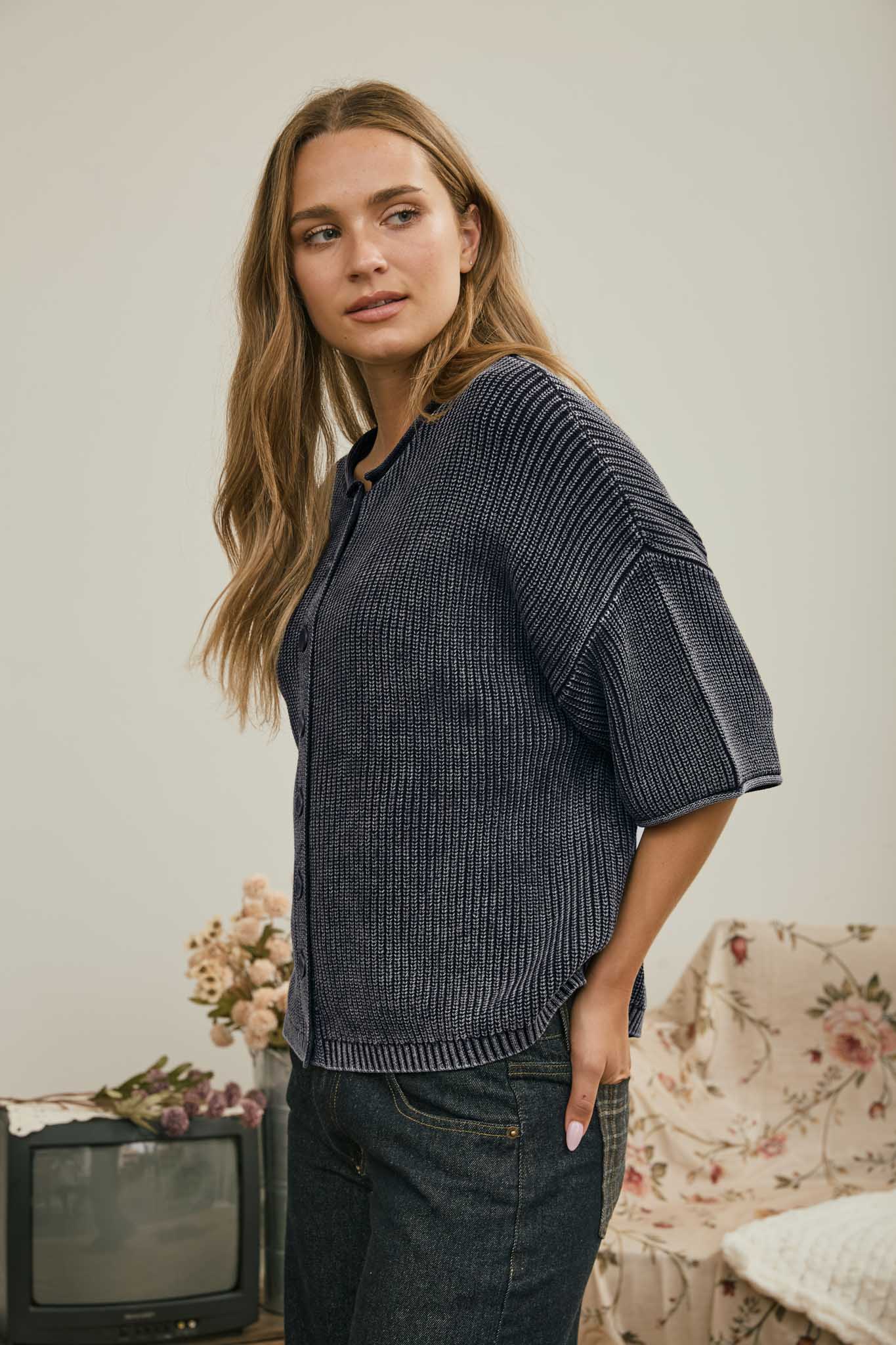 WASHED RIBBED SHORT SLEEVE ROLLED EDGE CARDIGAN