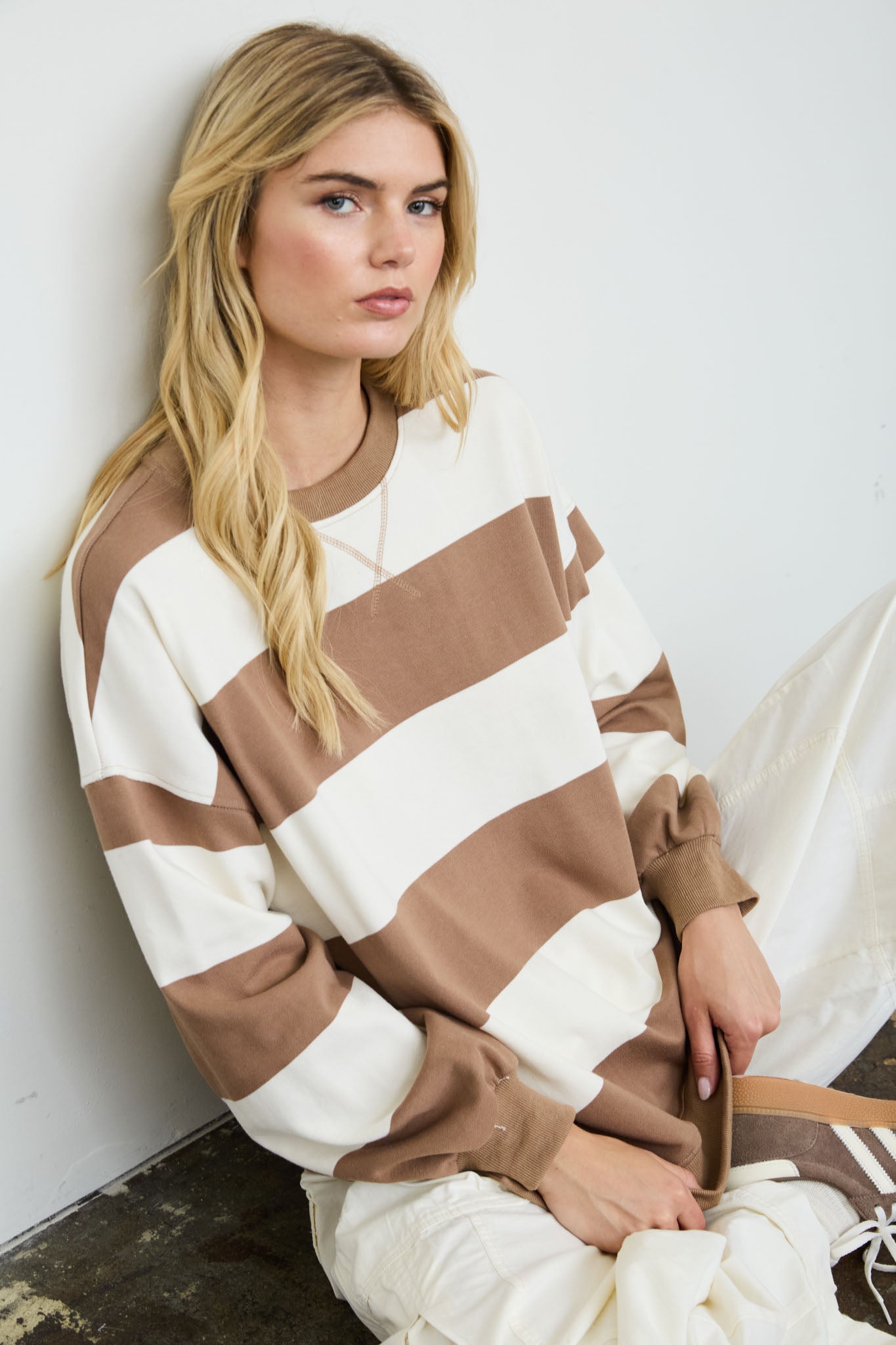 OVERSIZED WIDE STRIPE CREW NECK KNIT TOP (PRE-ORDER)