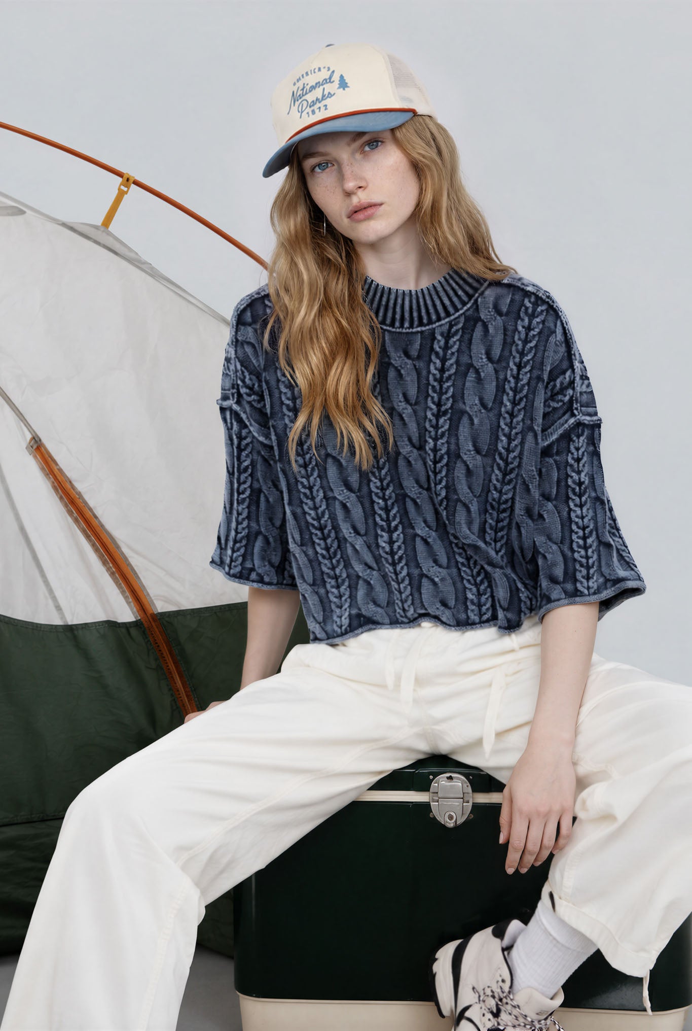 WASHED 3/4 SLEEVE TURTLENECK CABLE KNIT PULLOVER