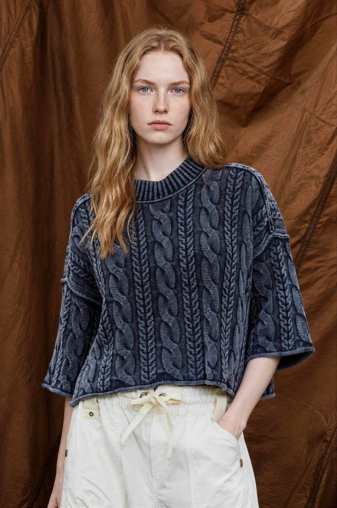WASHED 3/4 SLEEVE TURTLENECK CABLE KNIT PULLOVER