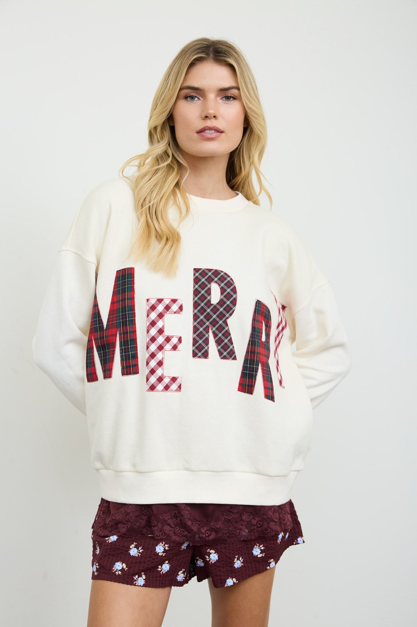 MERRY PLAID PATCH LETTER LONG SLEEVE KNIT TOP (PRE-ORDER)