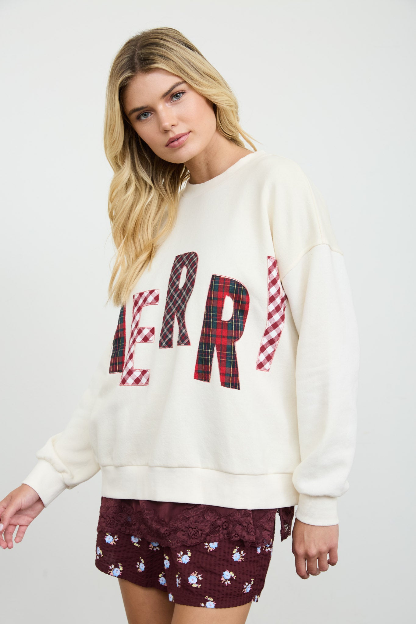 MERRY PLAID PATCH LETTER LONG SLEEVE KNIT TOP (PRE-ORDER)