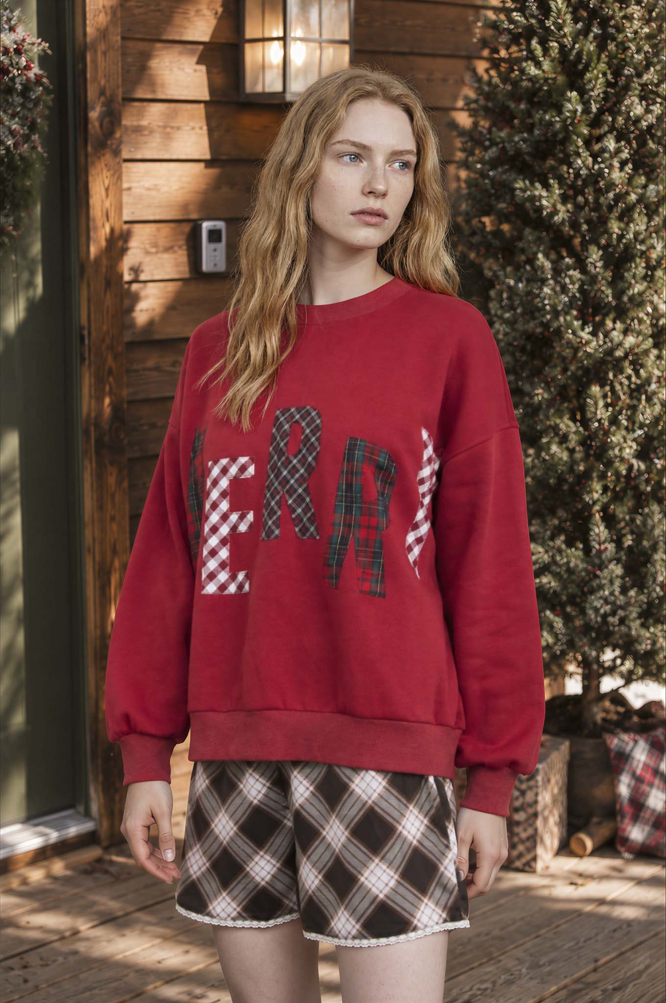 MERRY PLAID PATCH LETTER LONG SLEEVE KNIT TOP (PRE-ORDER)