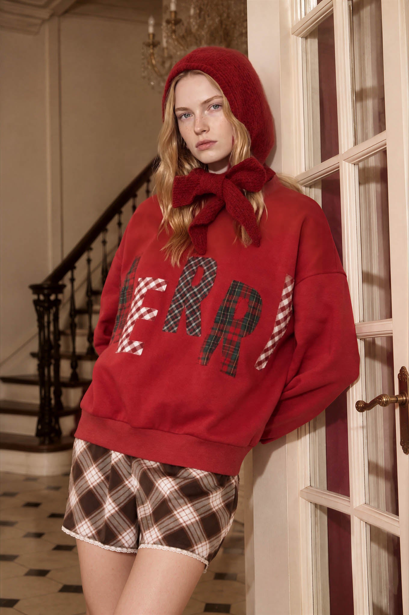 MERRY PLAID PATCH LETTER LONG SLEEVE KNIT TOP (PRE-ORDER)