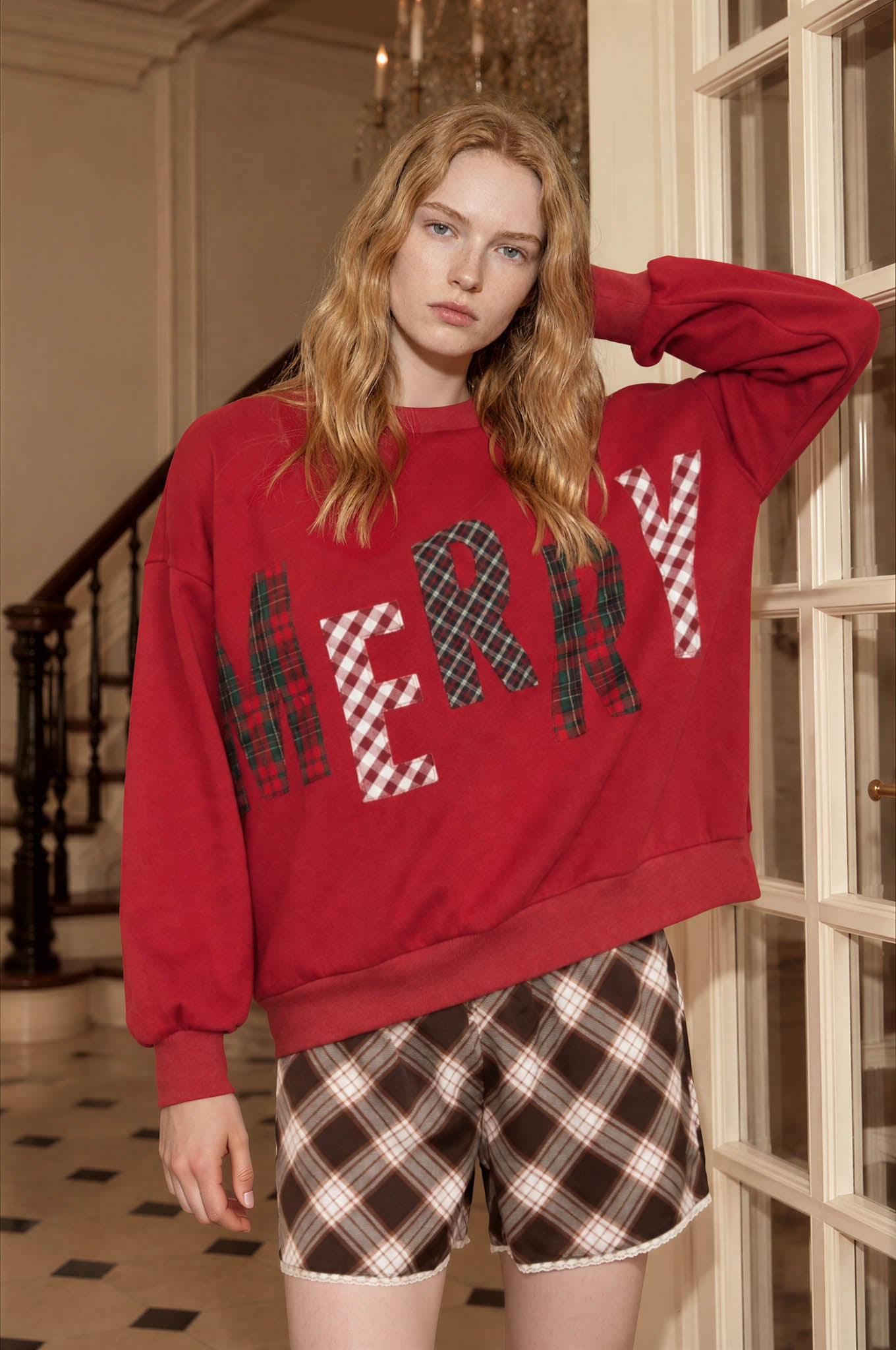MERRY PLAID PATCH LETTER LONG SLEEVE KNIT TOP (PRE-ORDER)