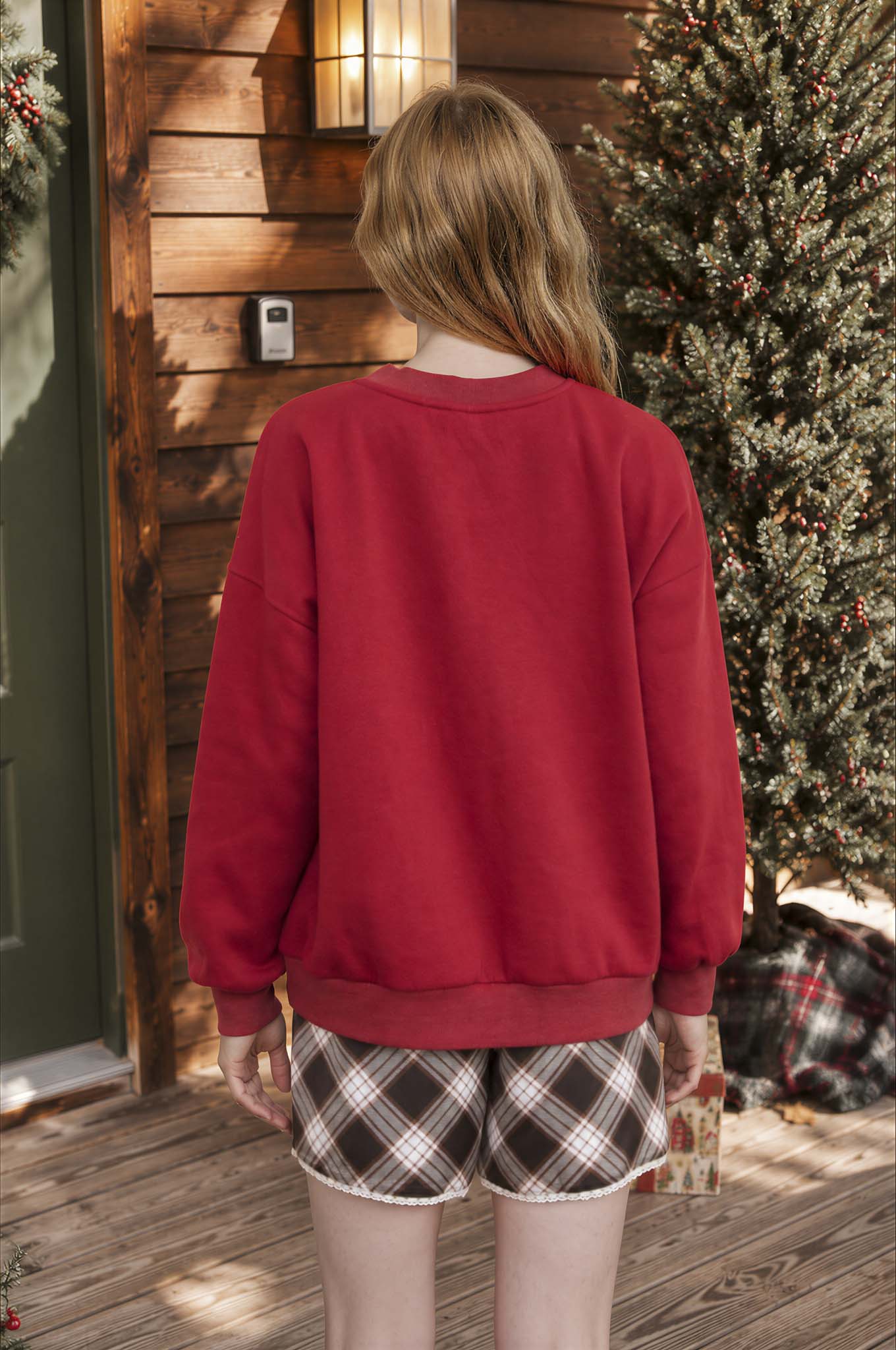 MERRY PLAID PATCH LETTER LONG SLEEVE KNIT TOP (PRE-ORDER)