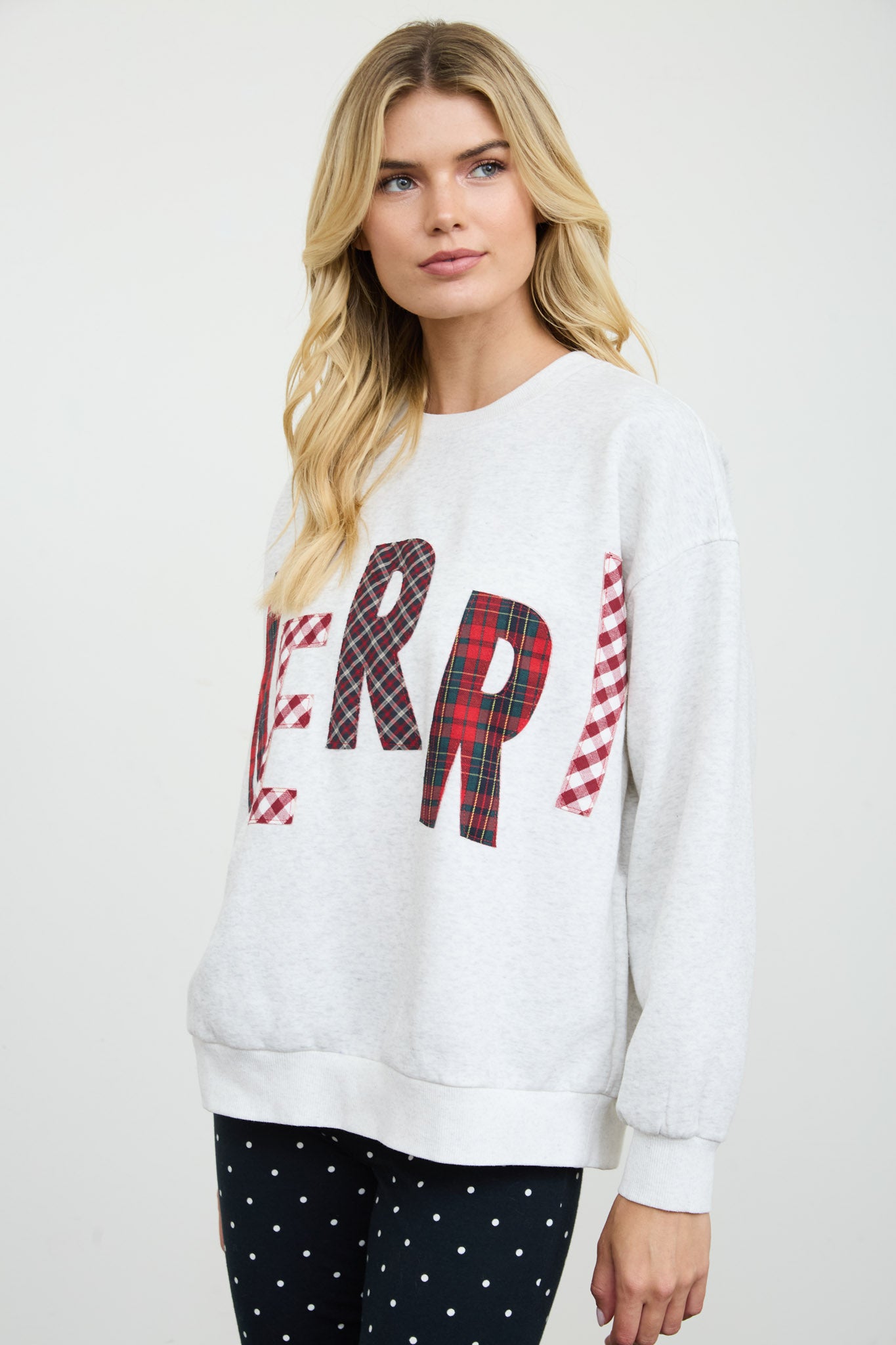 MERRY PLAID PATCH LETTER LONG SLEEVE KNIT TOP (PRE-ORDER)