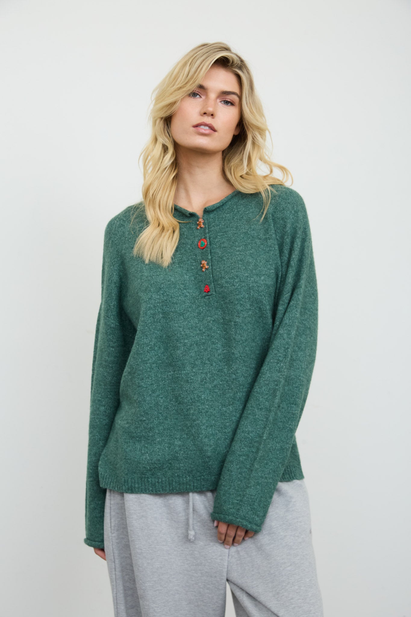 NOVELTY HOLIDAY BUTTON HENLEY PULLOVER SWEATER (PRE-ORDER)