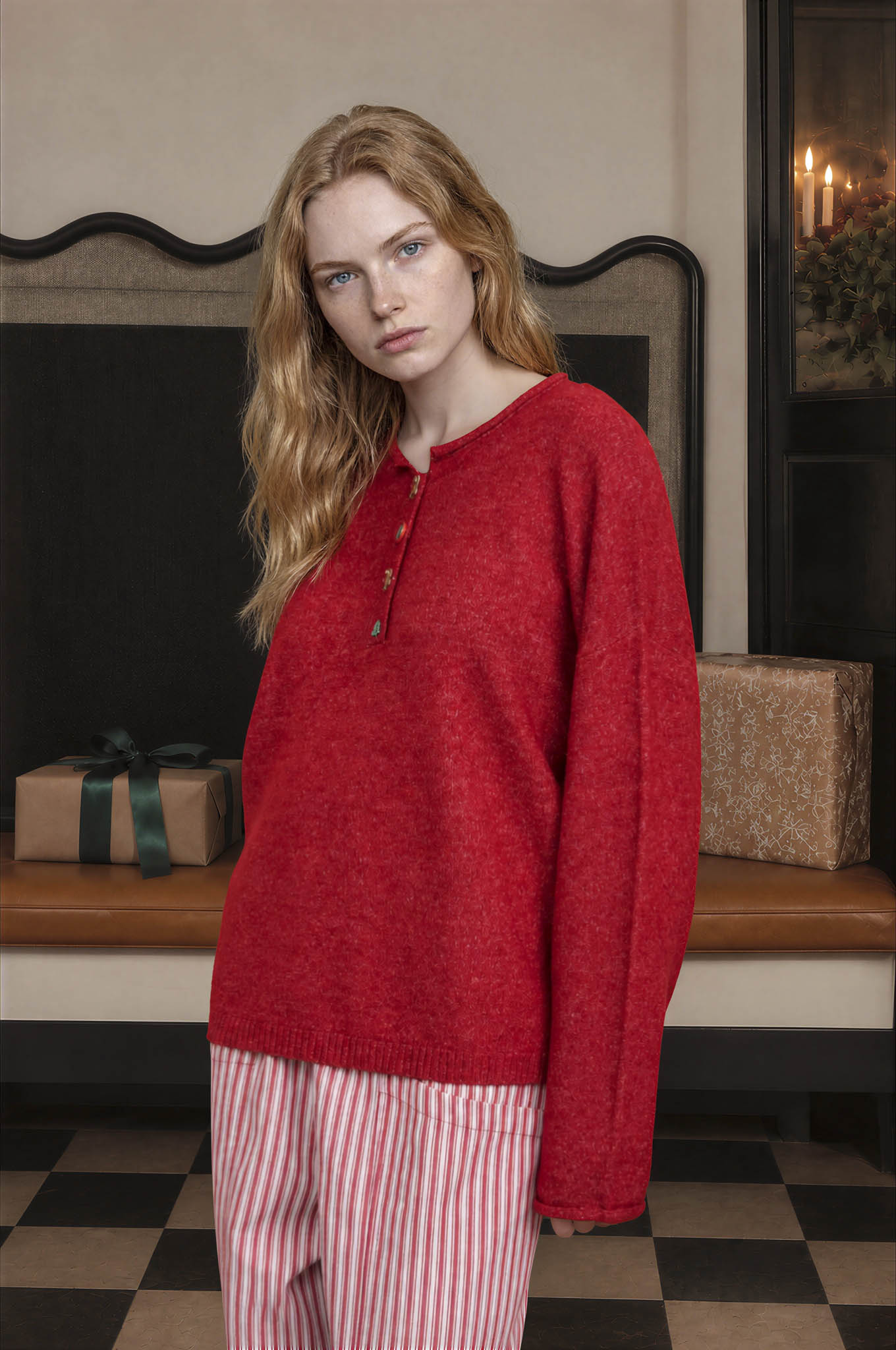 NOVELTY HOLIDAY BUTTON HENLEY PULLOVER SWEATER (PRE-ORDER)
