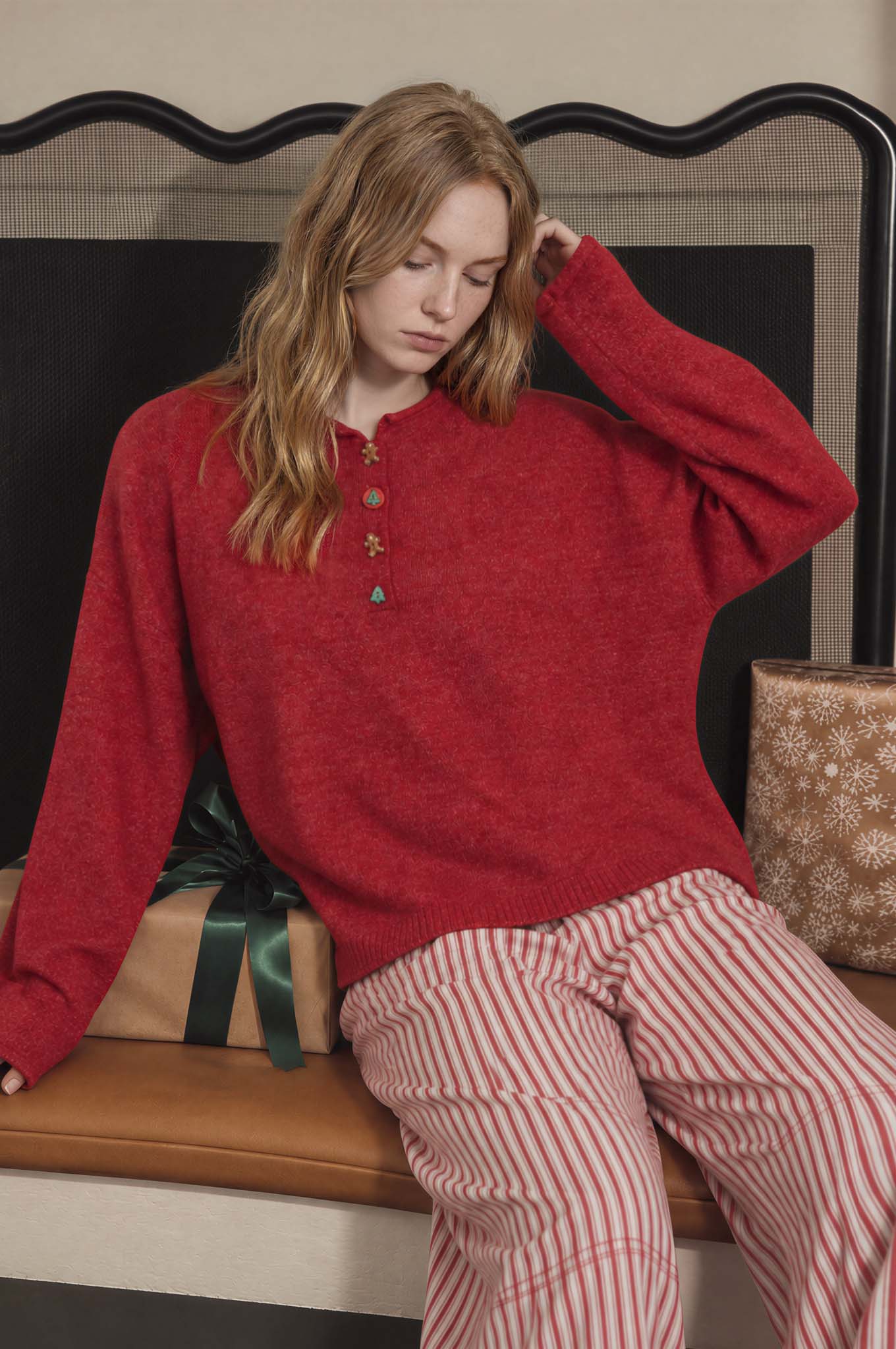 NOVELTY HOLIDAY BUTTON HENLEY PULLOVER SWEATER (PRE-ORDER)