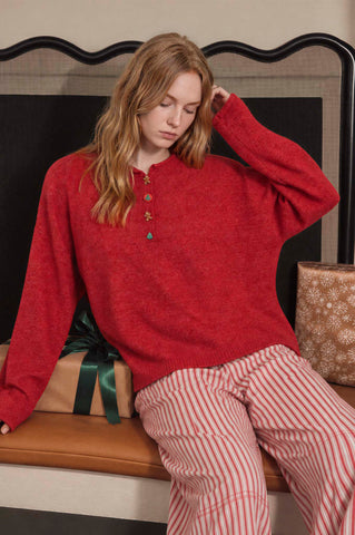 NOVELTY HOLIDAY BUTTON HENLEY PULLOVER SWEATER (PRE-ORDER)