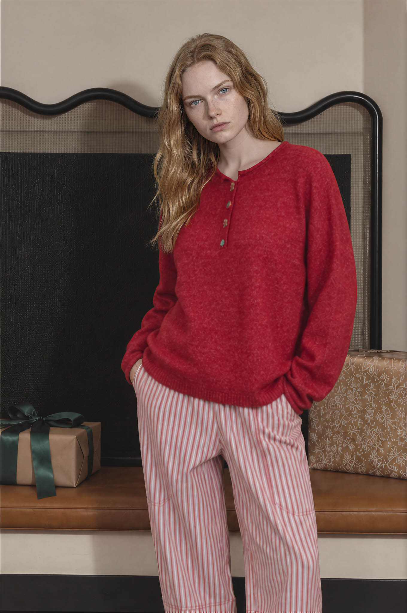 NOVELTY HOLIDAY BUTTON HENLEY PULLOVER SWEATER (PRE-ORDER)