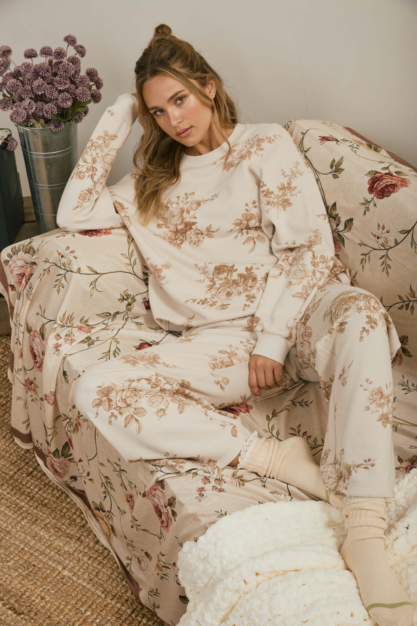 FLORAL TOILE WIDE LEG KNIT LOUNGE PANTS (PRE-ORDER)
