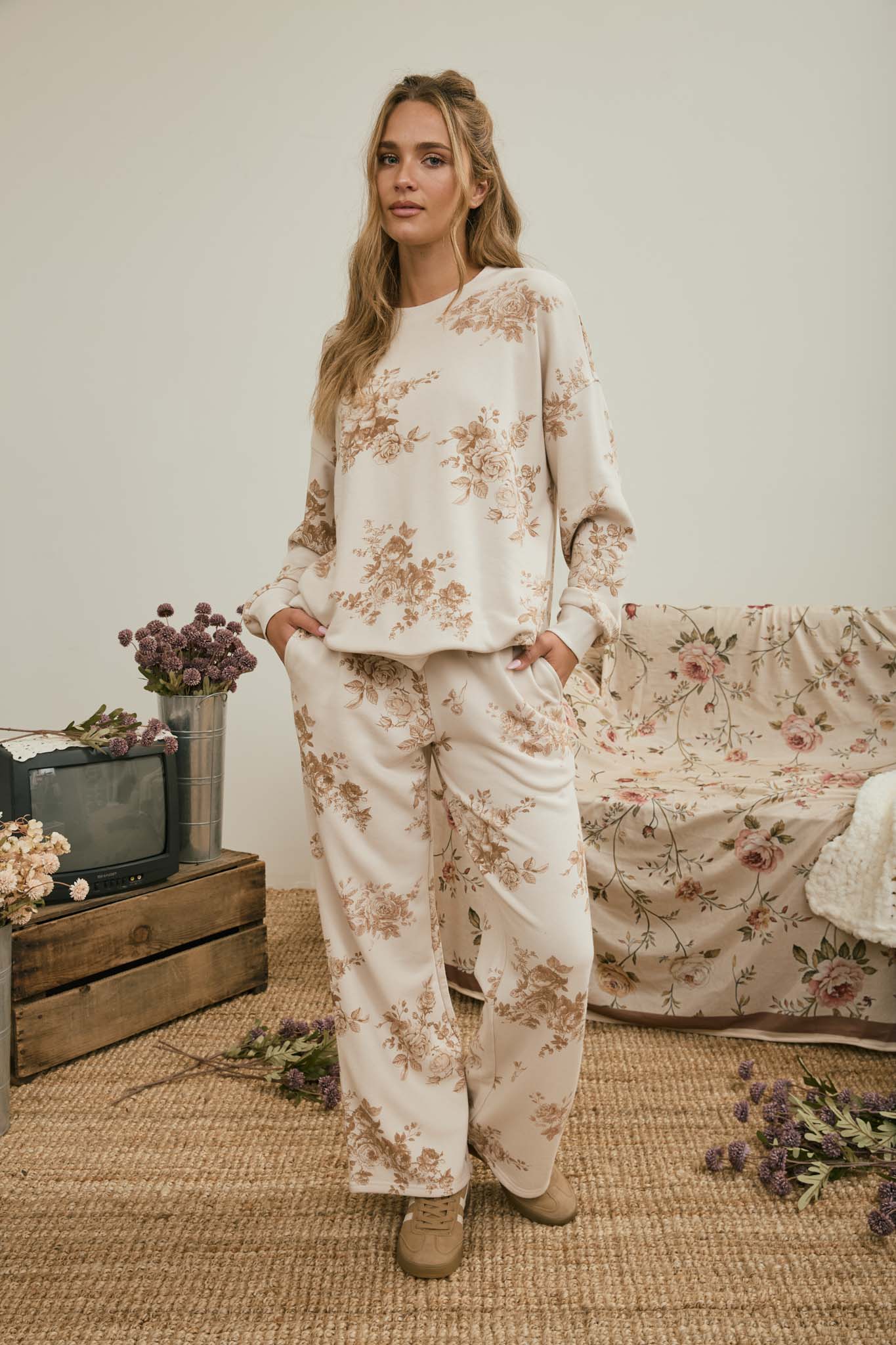 FLORAL TOILE WIDE LEG KNIT LOUNGE PANTS (PRE-ORDER)