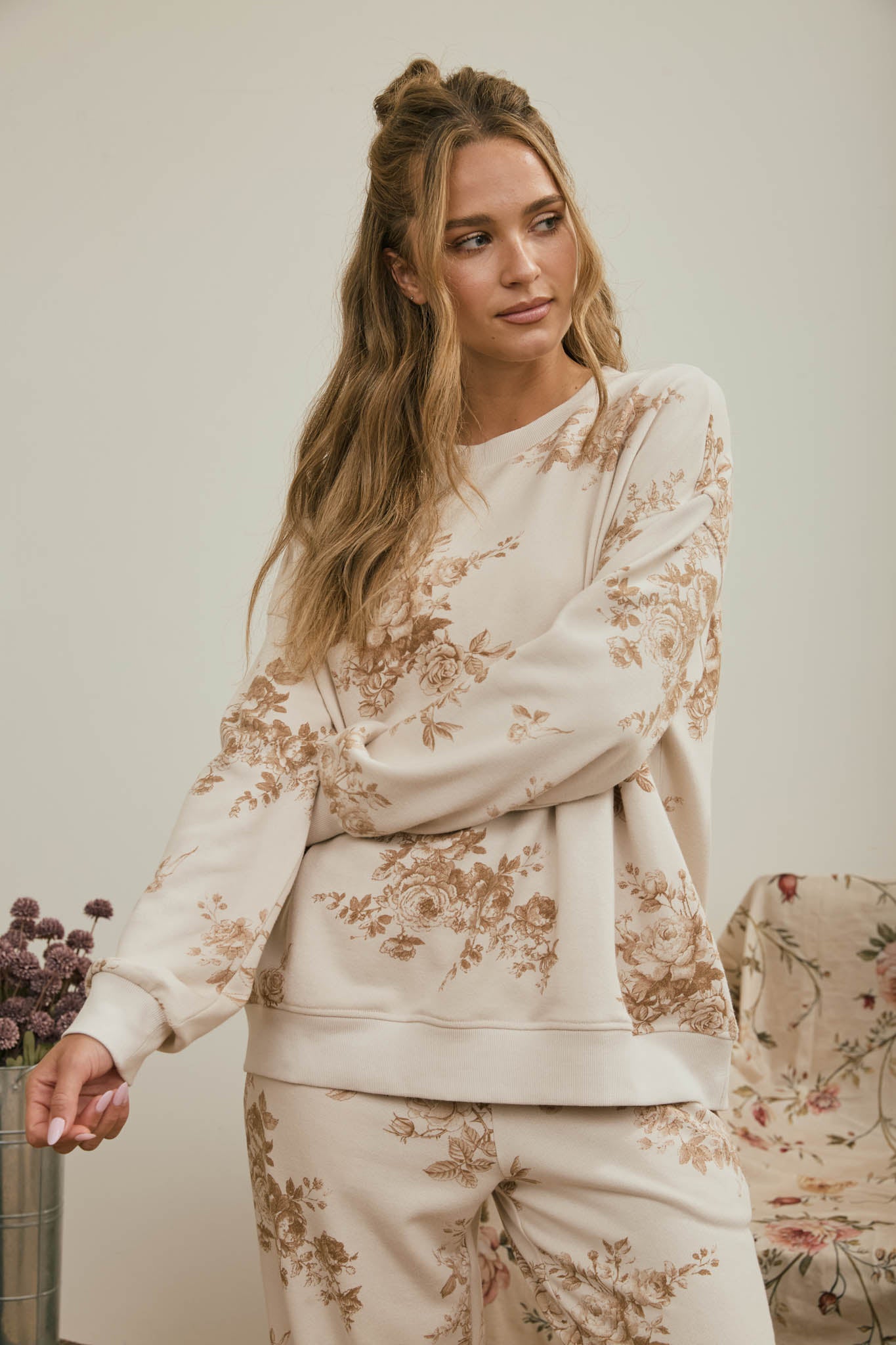 FLORAL TOILE LONG SLEEVE CREW NECK KNIT TOP (PRE-ORDER)
