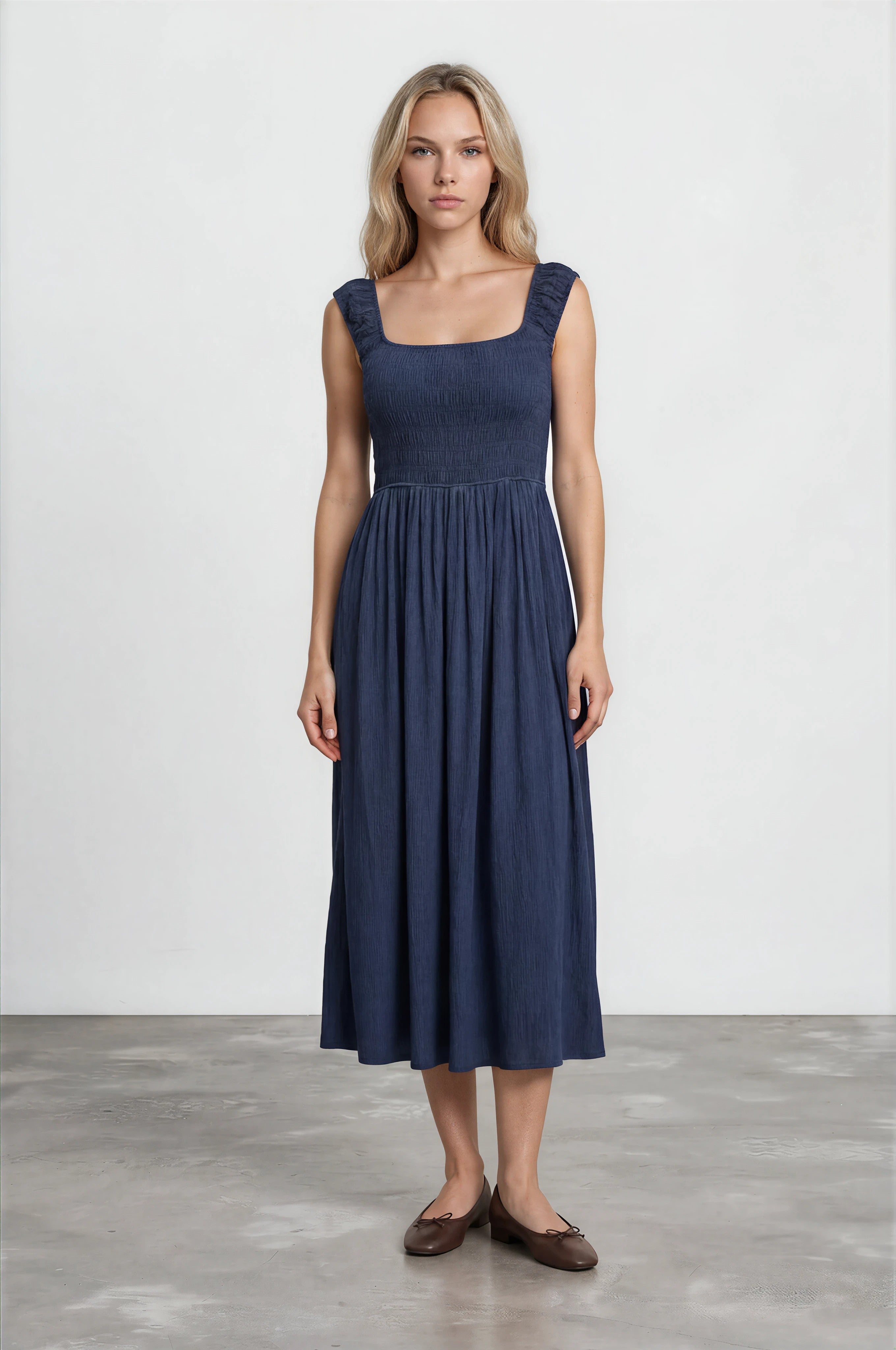CRINKLE PLISSE CAP SLEEVE SMOCKED MIDI DRESS (PRE-ORDER)