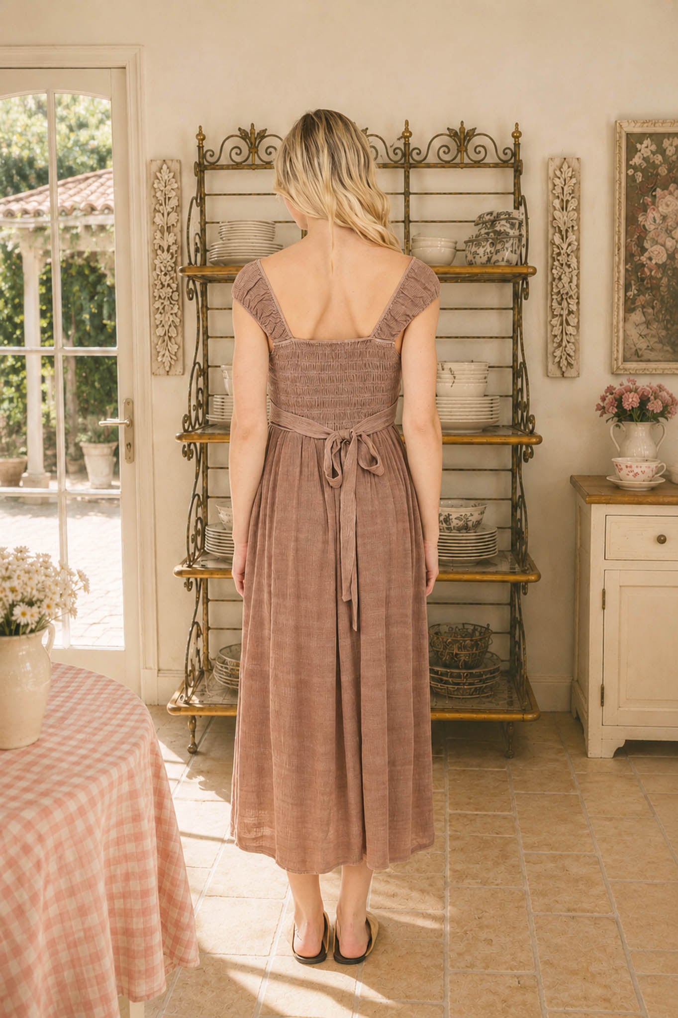CRINKLE PLISSE CAP SLEEVE SMOCKED MIDI DRESS (PRE-ORDER)