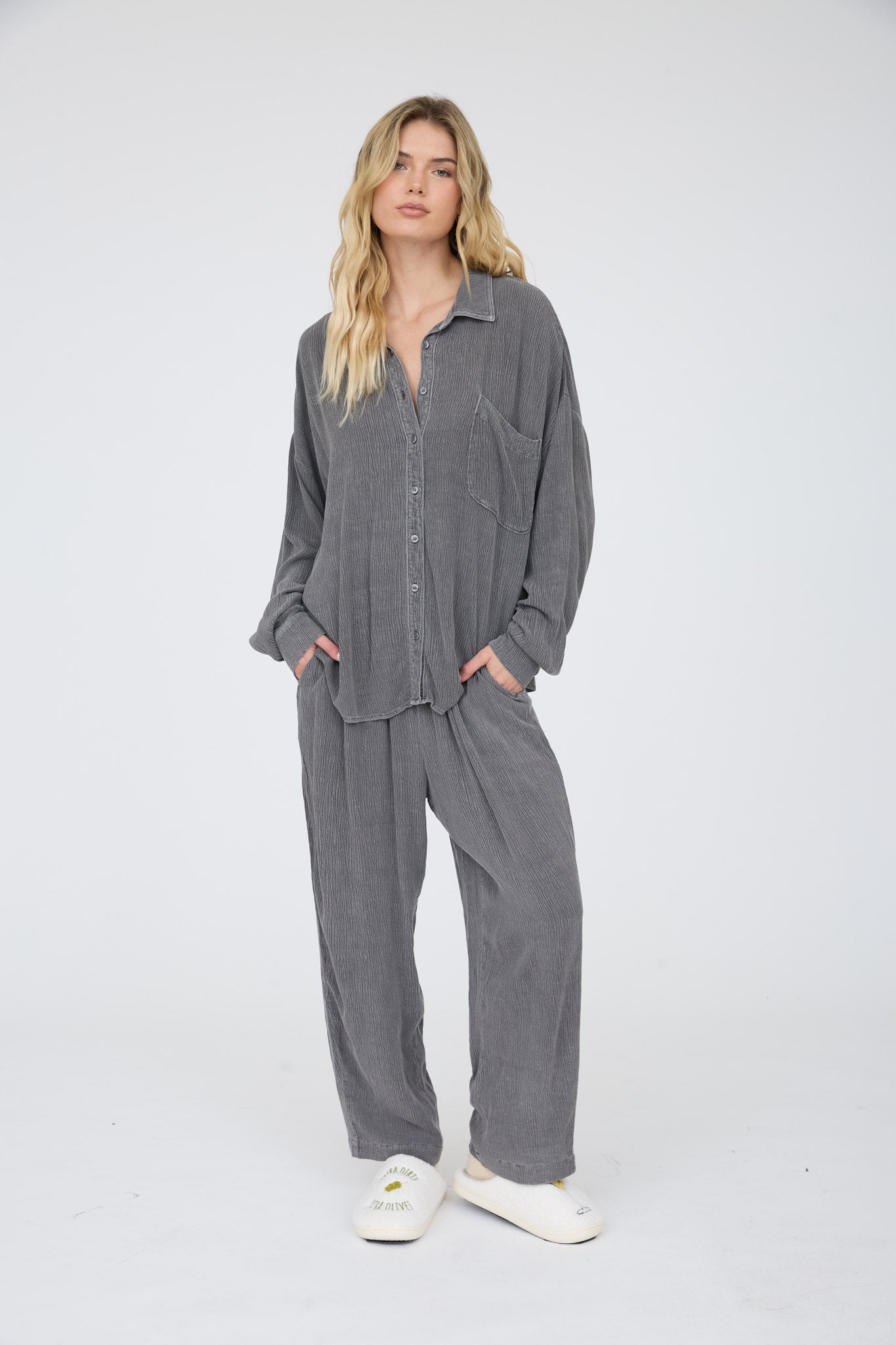 CRINKLE PLISSE COLLARED LONG SLEEVE BUTTON DOWN (PRE-ORDER)