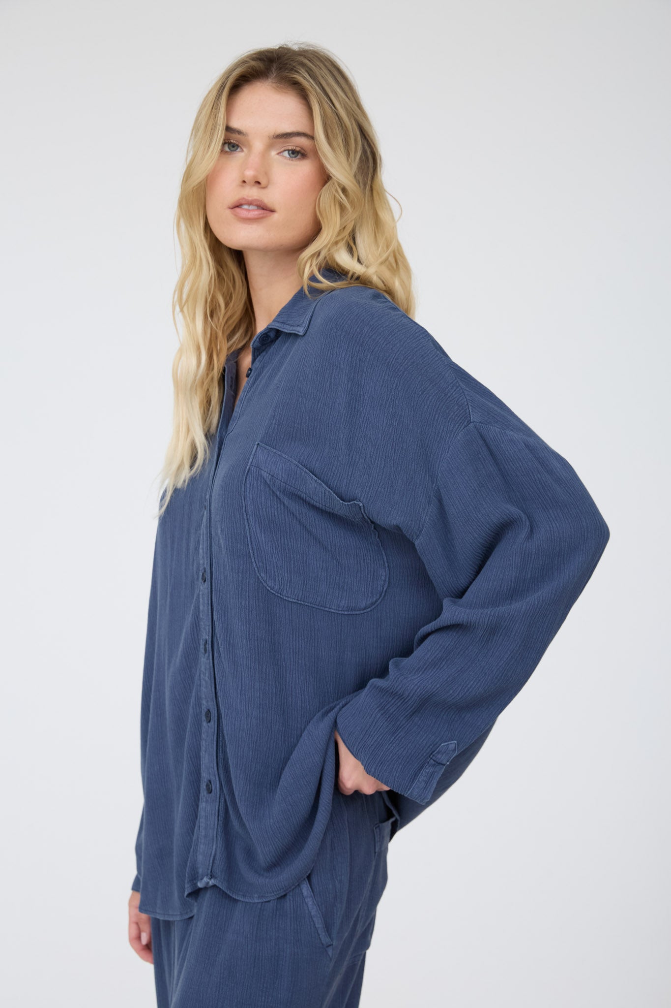 CRINKLE PLISSE COLLARED LONG SLEEVE BUTTON DOWN (PRE-ORDER)