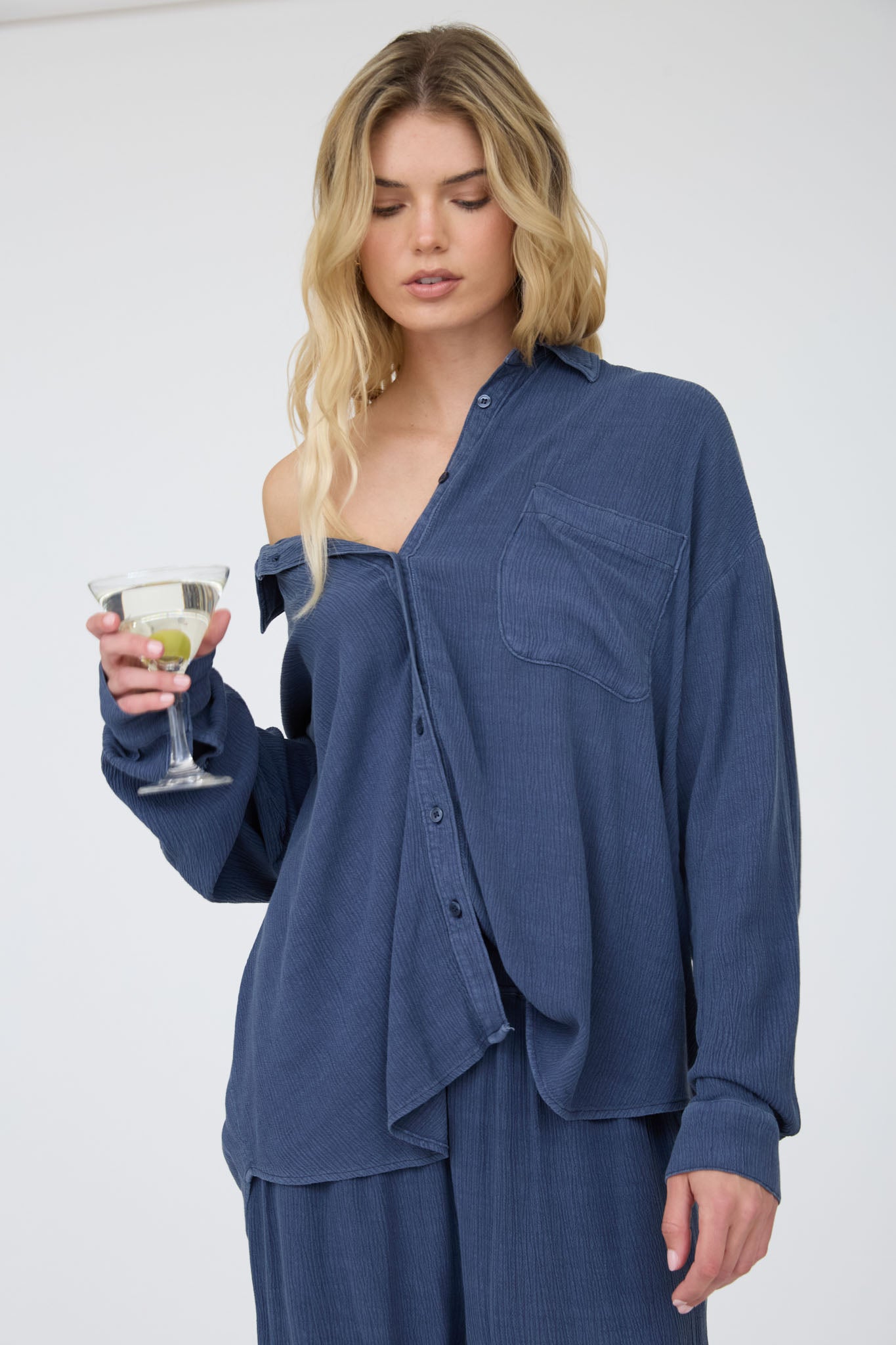 CRINKLE PLISSE COLLARED LONG SLEEVE BUTTON DOWN (PRE-ORDER)
