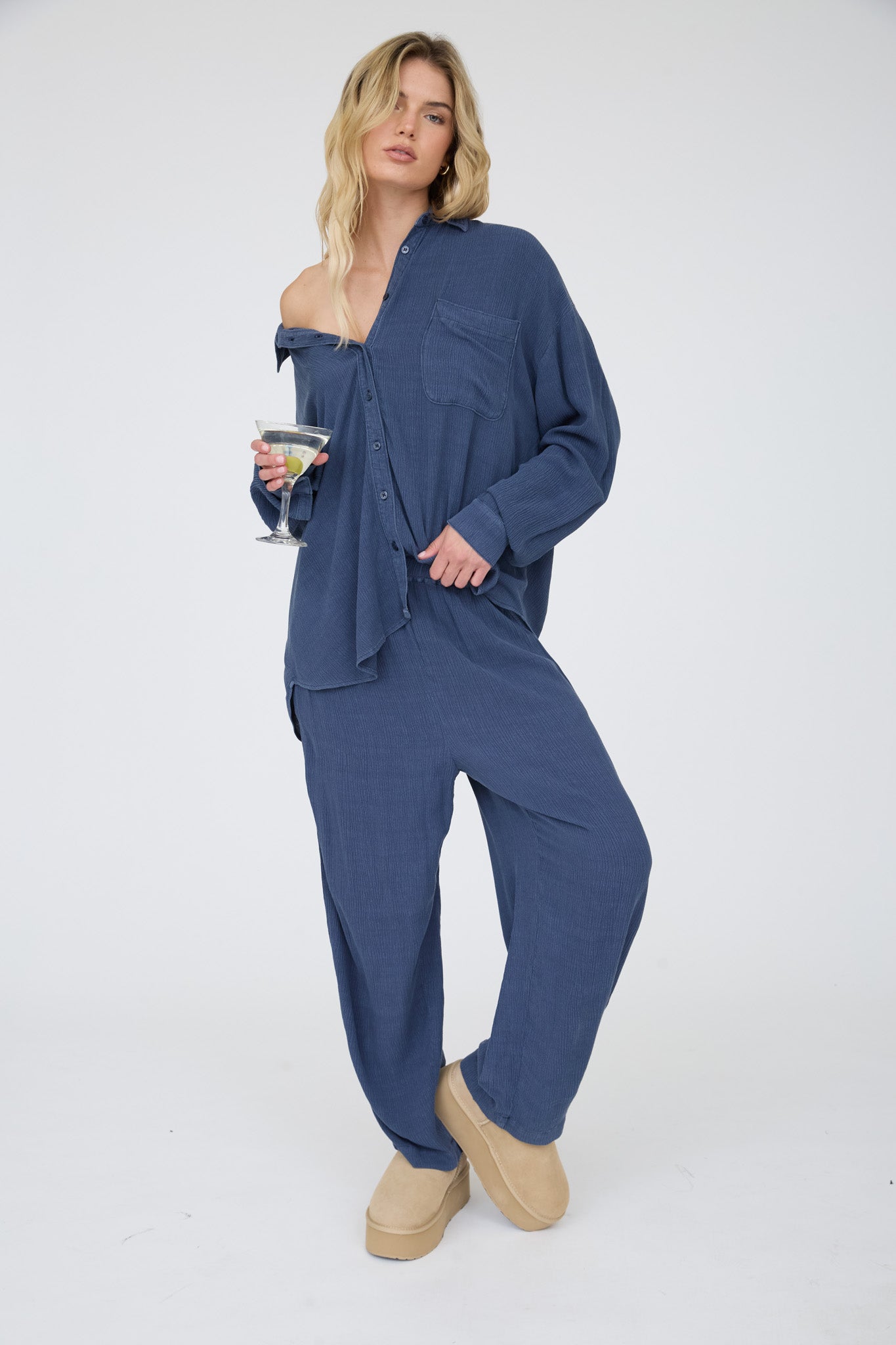 CRINKLE PLISSE COLLARED LONG SLEEVE BUTTON DOWN (PRE-ORDER)