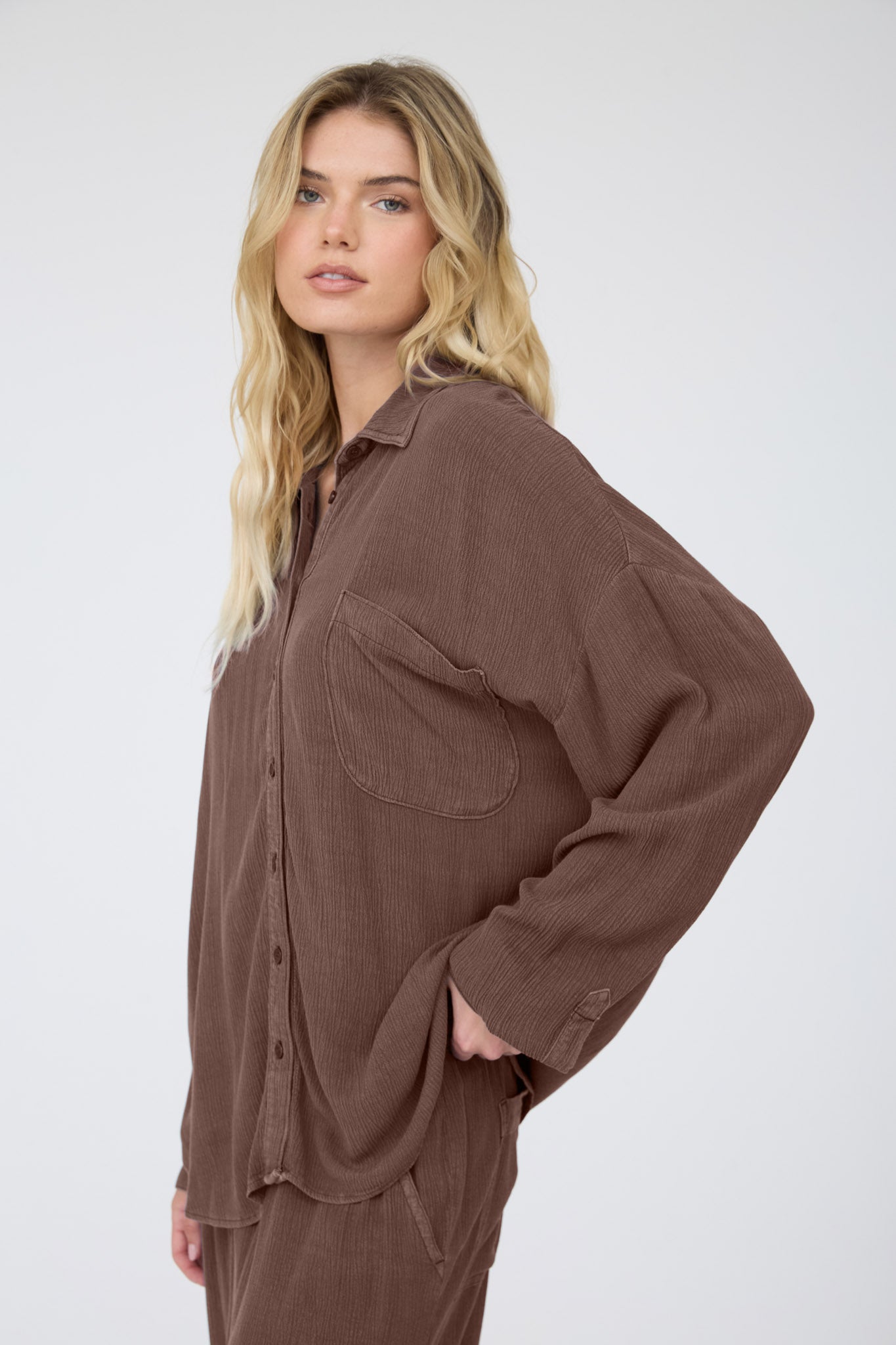 CRINKLE PLISSE COLLARED LONG SLEEVE BUTTON DOWN (PRE-ORDER)