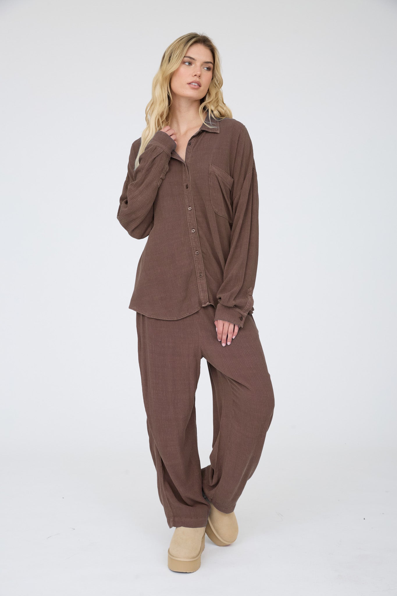 CRINKLE PLISSE COLLARED LONG SLEEVE BUTTON DOWN (PRE-ORDER)