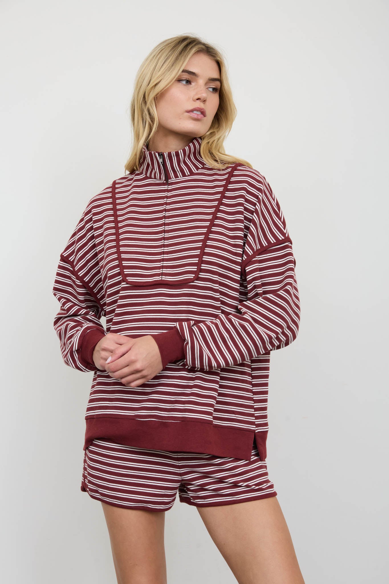 HALF ZIP STRIPE CONTRAST TRIM LONG SLEEVE KNIT TOP (PRE-ORDER)