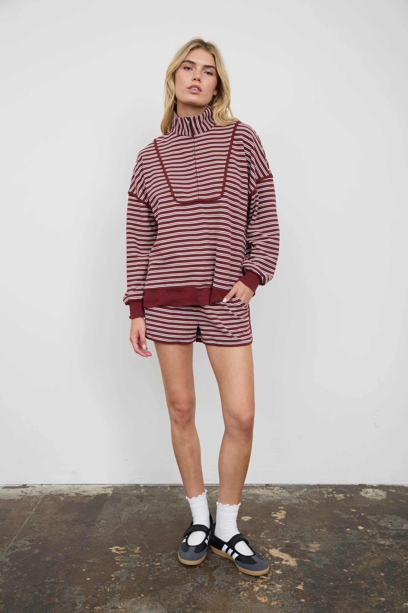 HALF ZIP STRIPE CONTRAST TRIM LONG SLEEVE KNIT TOP (PRE-ORDER)