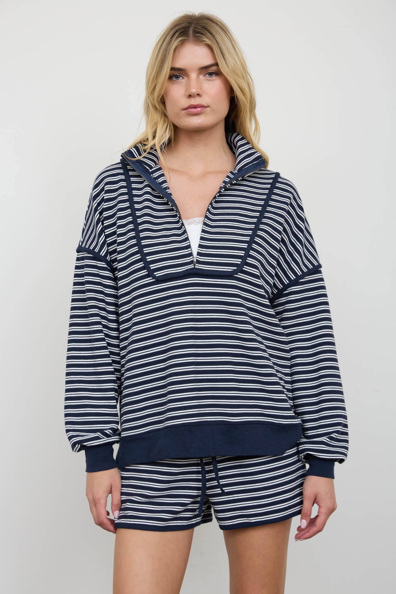 HALF ZIP STRIPE CONTRAST TRIM LONG SLEEVE KNIT TOP (PRE-ORDER)