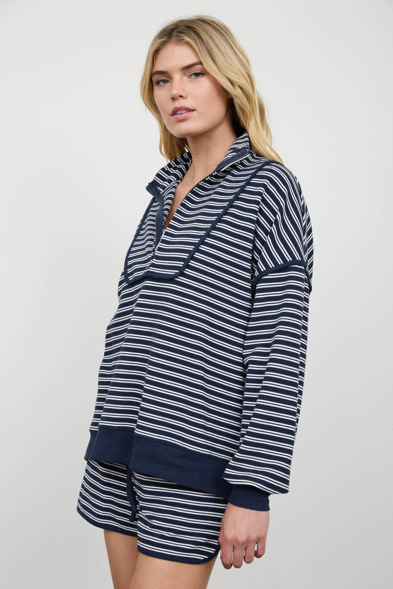 HALF ZIP STRIPE CONTRAST TRIM LONG SLEEVE KNIT TOP (PRE-ORDER)