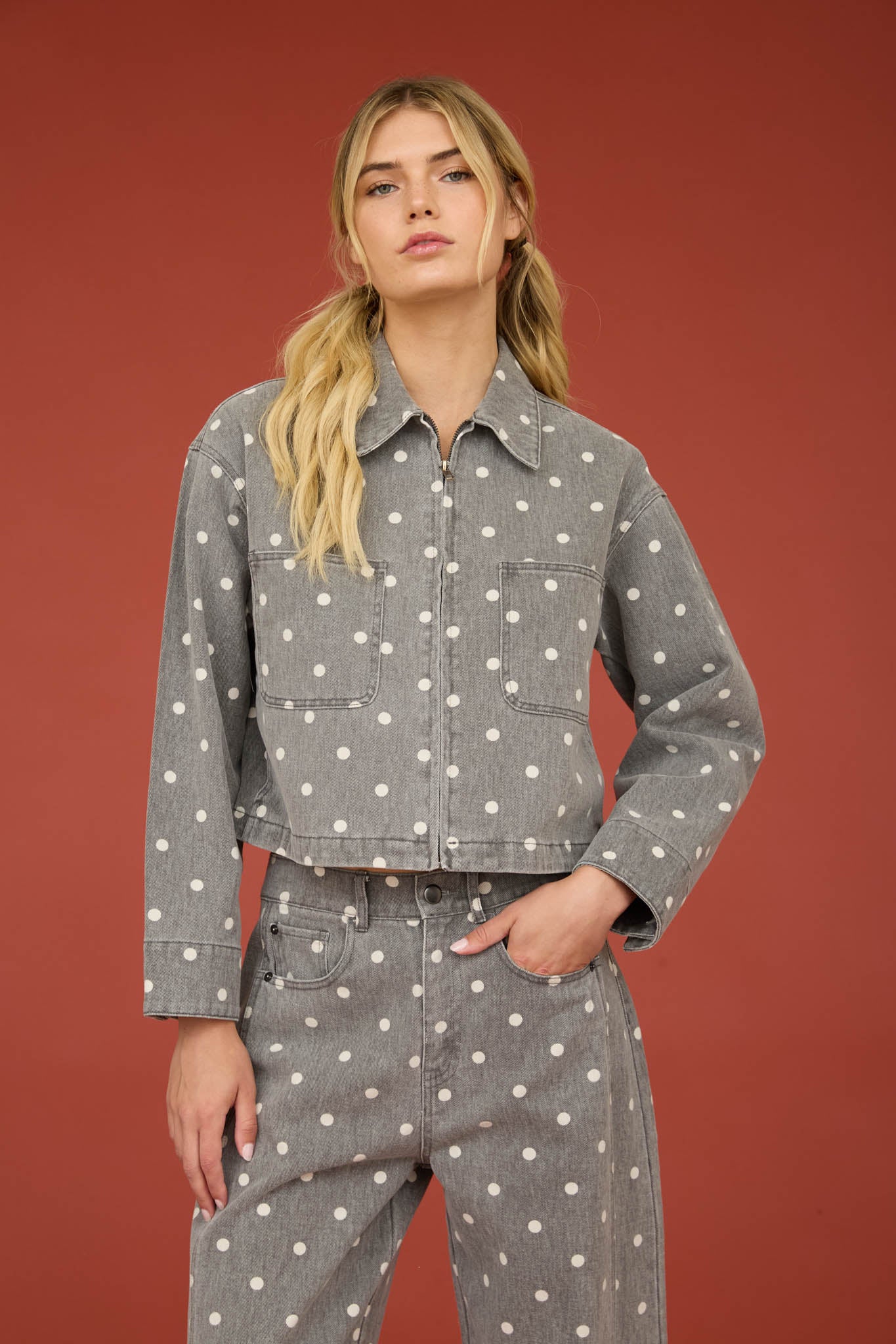POLKA DOT COLLARED ZIP-UP DENIM JACKET (PRE-ORDER)