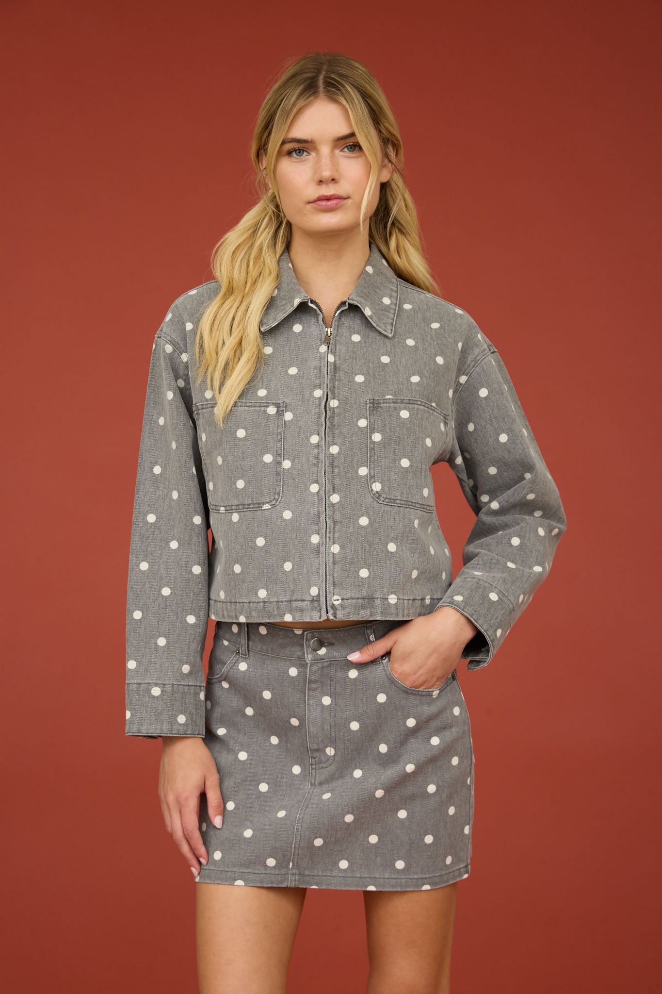 POLKA DOT COLLARED ZIP-UP DENIM JACKET (PRE-ORDER)