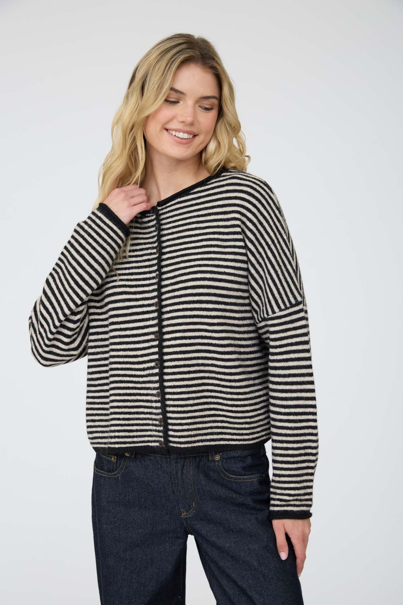 STRIPE RAW EDGE BUTTON DOWN LONG SLEEVE CARDIGAN (PRE-ORDER)
