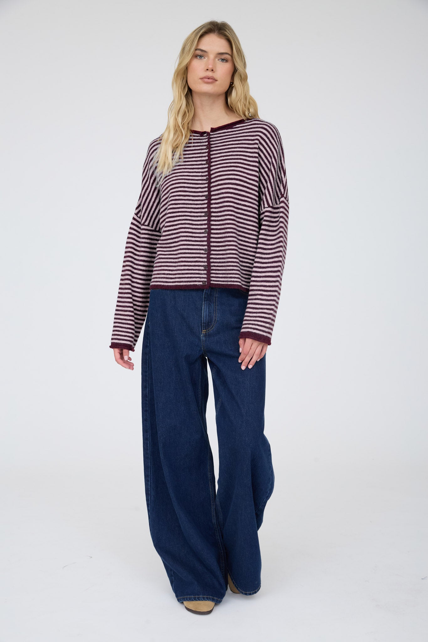 STRIPE RAW EDGE BUTTON DOWN LONG SLEEVE CARDIGAN (PRE-ORDER)