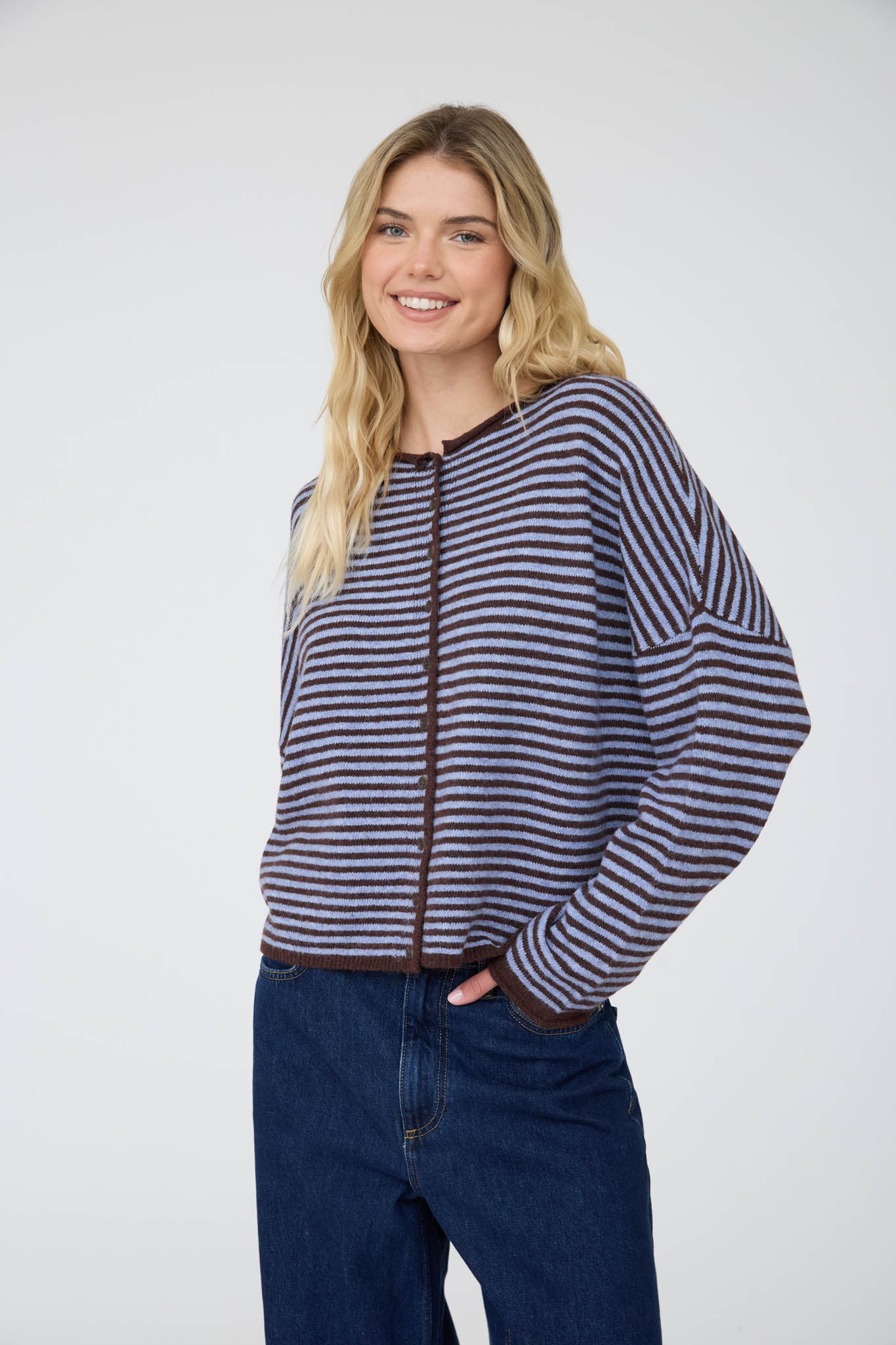 STRIPE RAW EDGE BUTTON DOWN LONG SLEEVE CARDIGAN (PRE-ORDER)