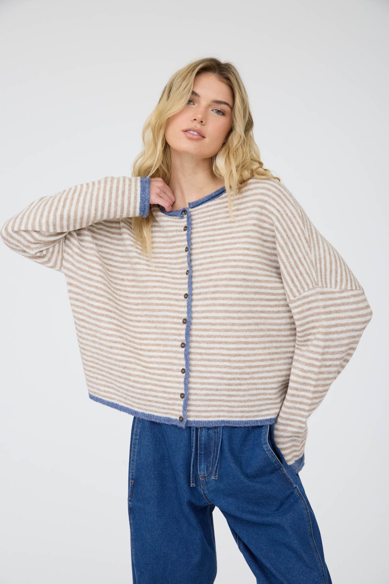 STRIPE RAW EDGE BUTTON DOWN LONG SLEEVE CARDIGAN (PRE-ORDER)