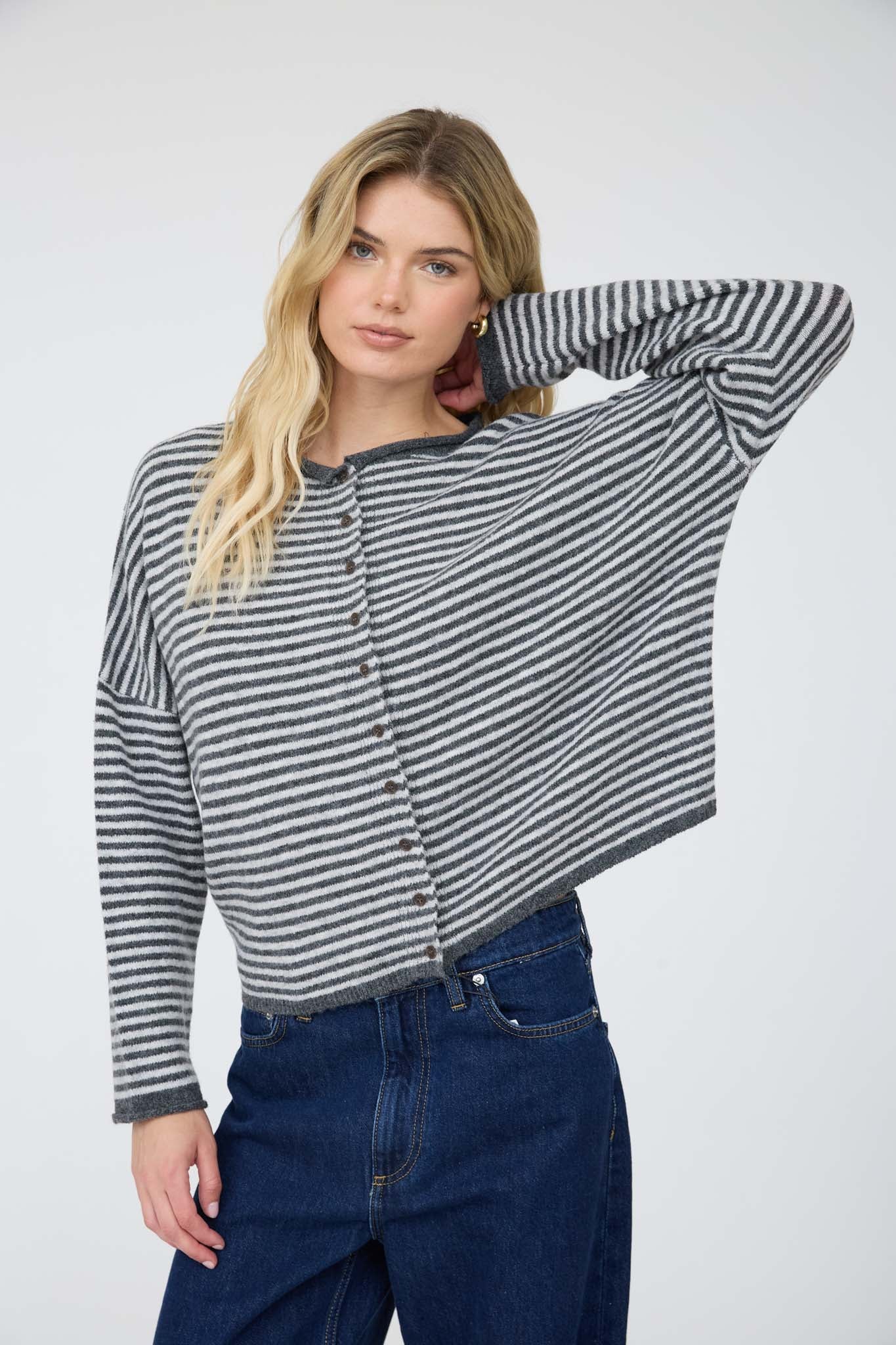 STRIPE RAW EDGE DROP SHOULDER KNIT CARDIGAN