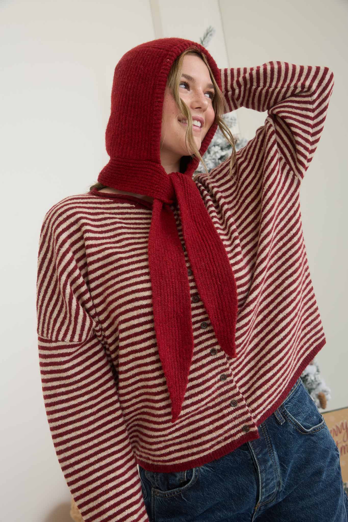 STRIPE RAW EDGE DROP SHOULDER KNIT CARDIGAN
