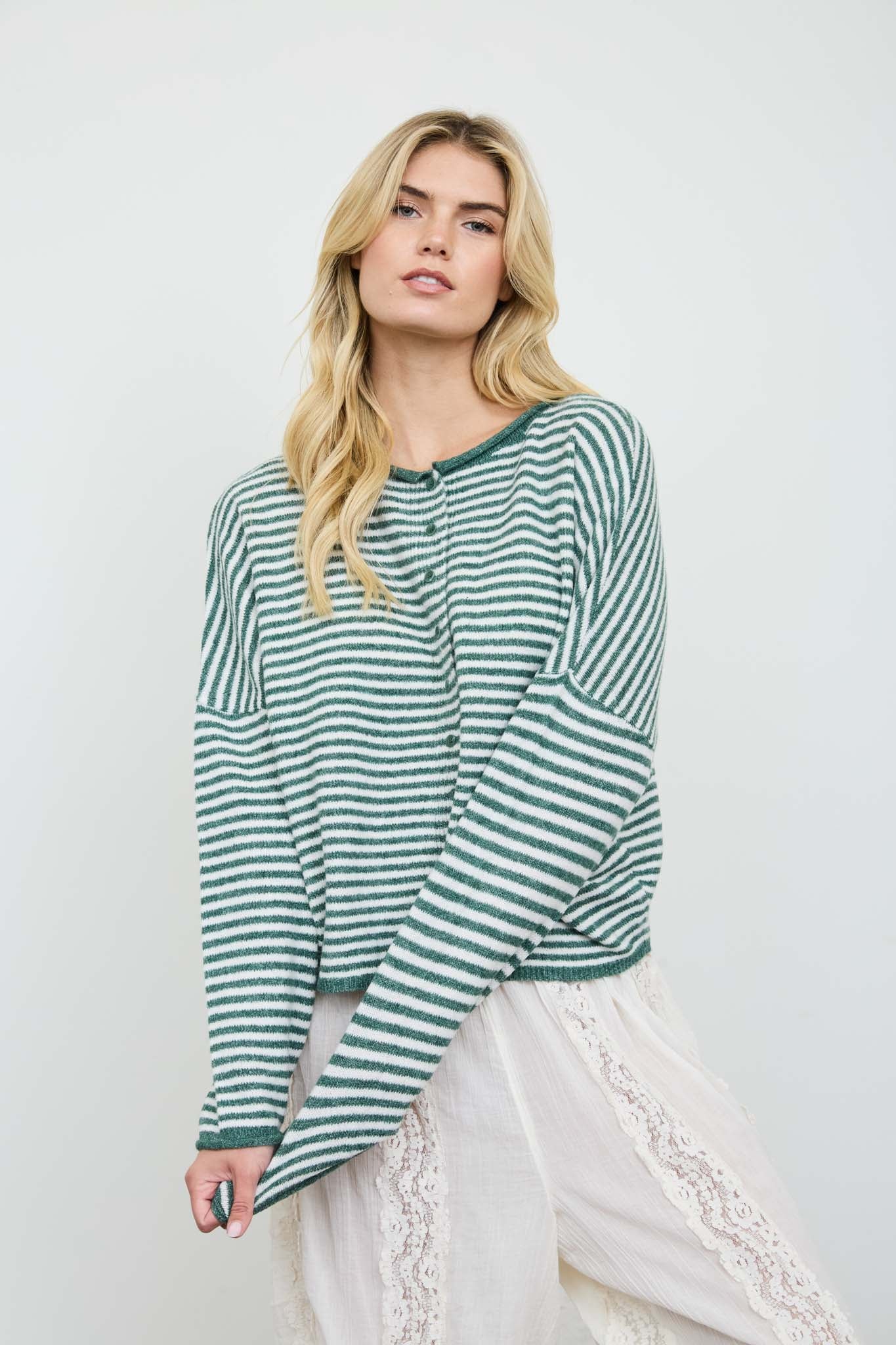 STRIPE RAW EDGE DROP SHOULDER KNIT CARDIGAN
