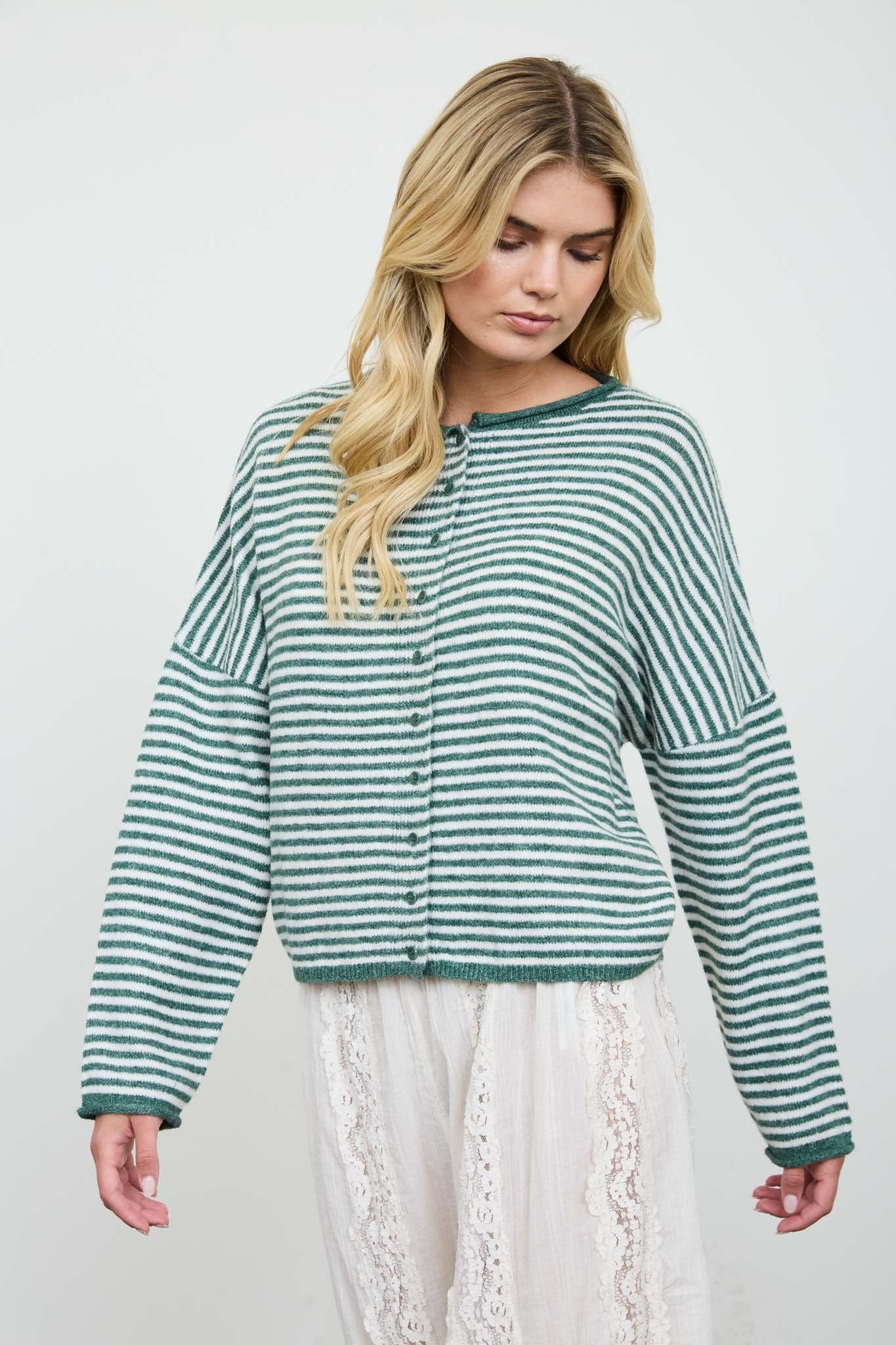 STRIPE RAW EDGE DROP SHOULDER KNIT CARDIGAN